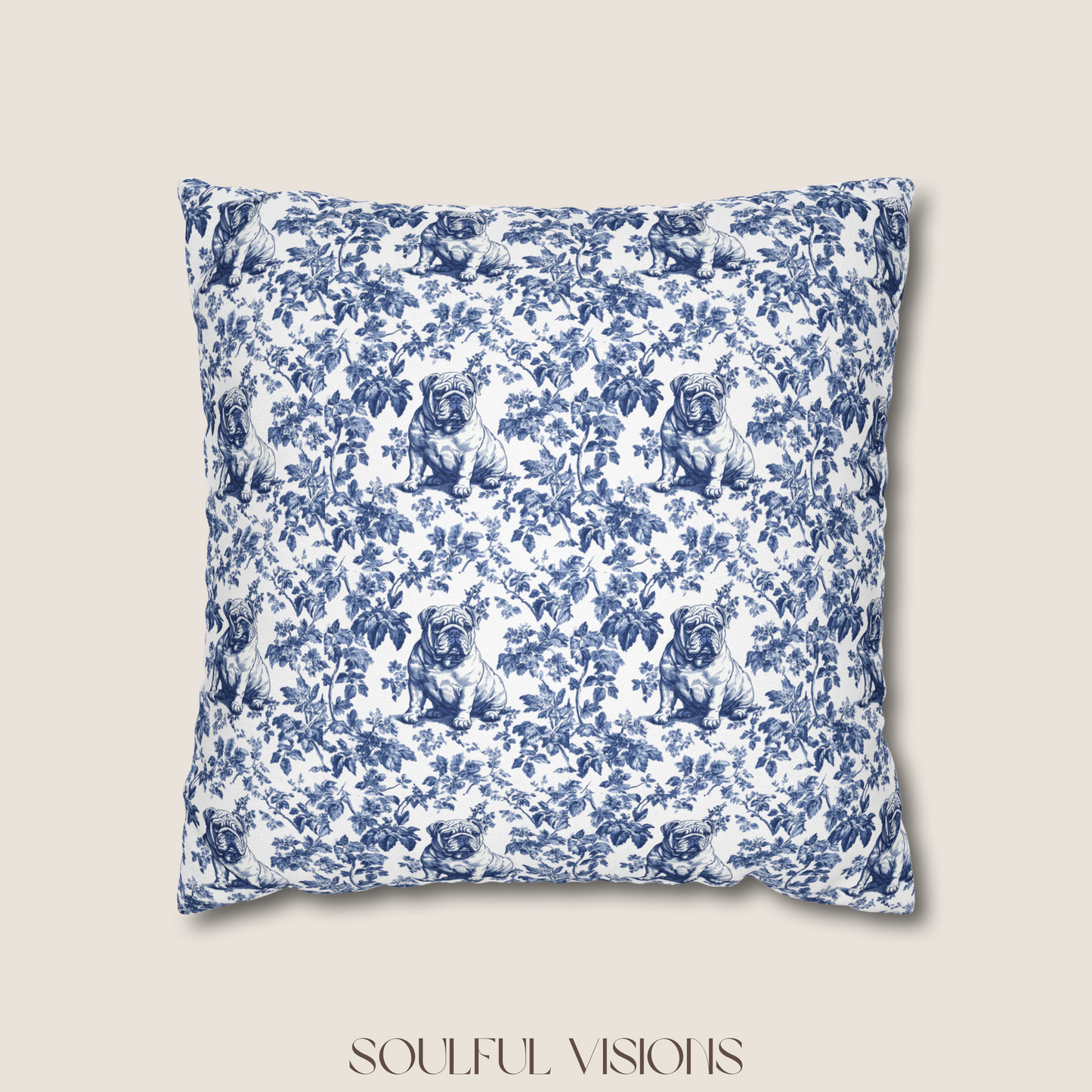 English Bulldog Blue French Toile Pillow