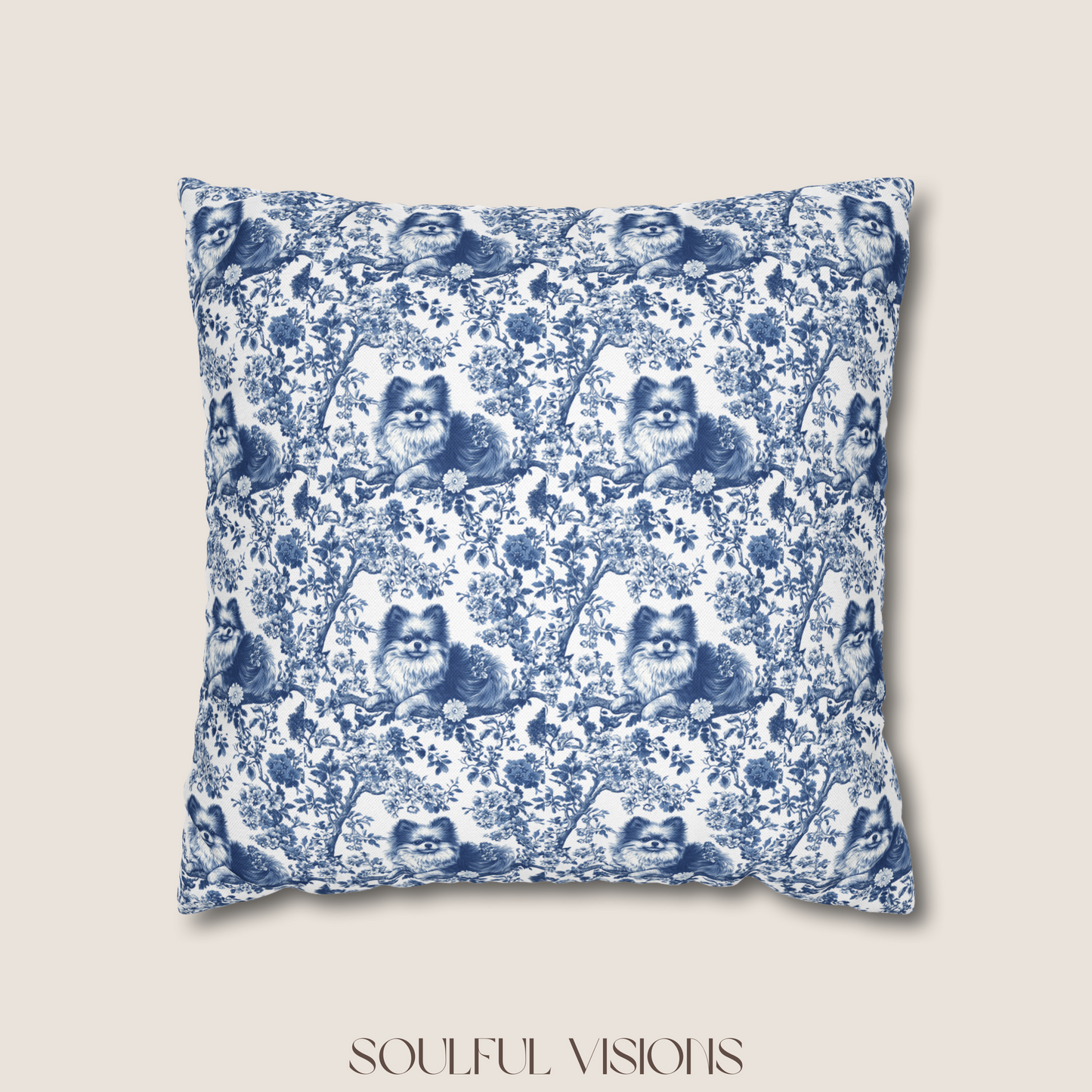 Pomeranian Blue French Toile De Jouy Pillow