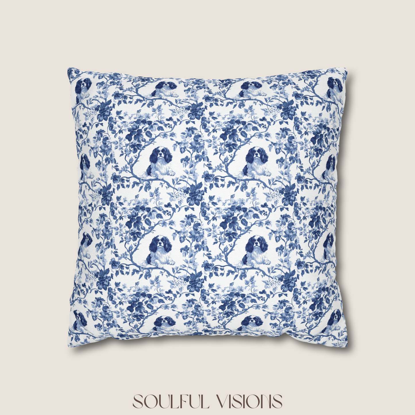 Cavalier King Charles Spaniel Blue French Toile De Jouy Pillow