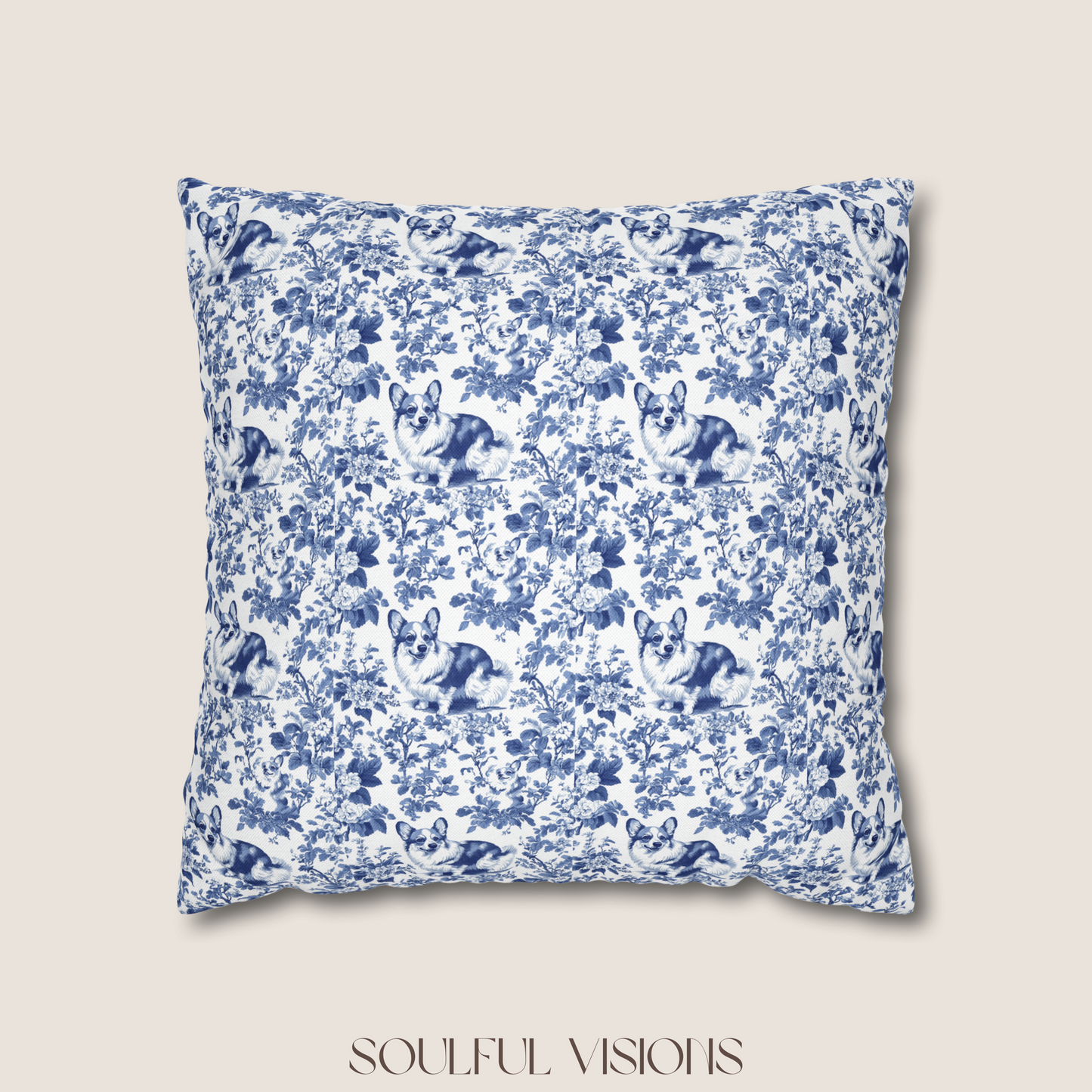 Corgi French Blue Toile De Jouy Pillow