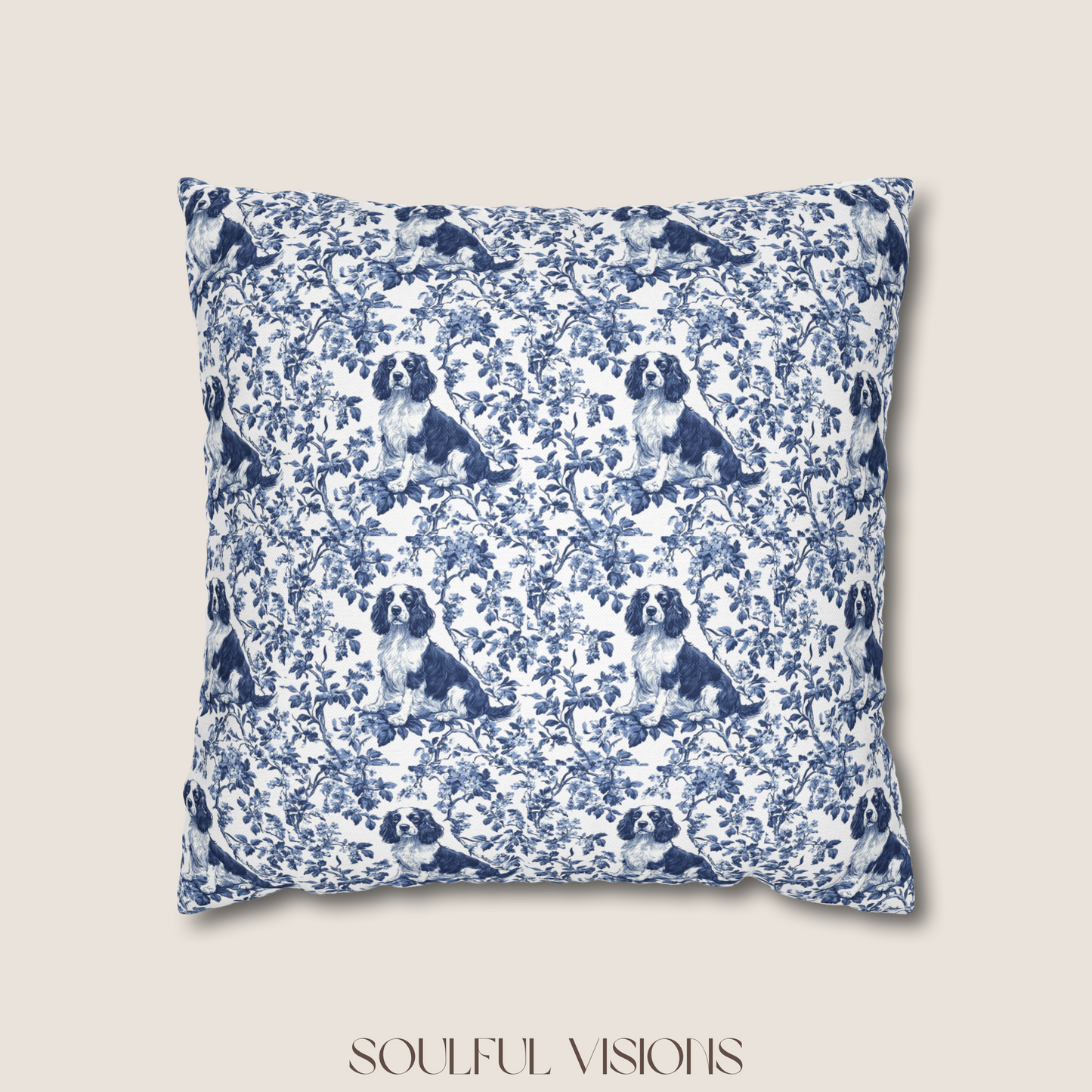 English Springer Spaniel French Blue Toile De Jouy Pillow