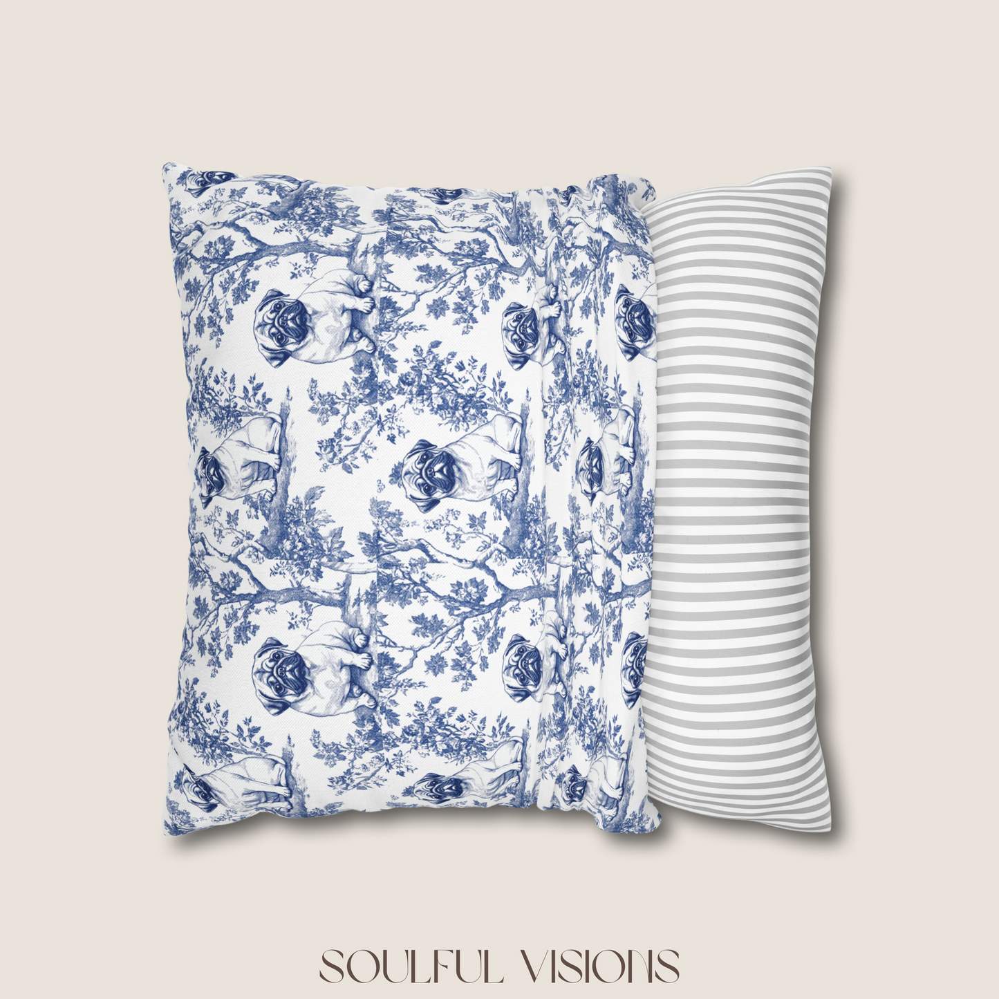 Pug Blue French Toile Pillow
