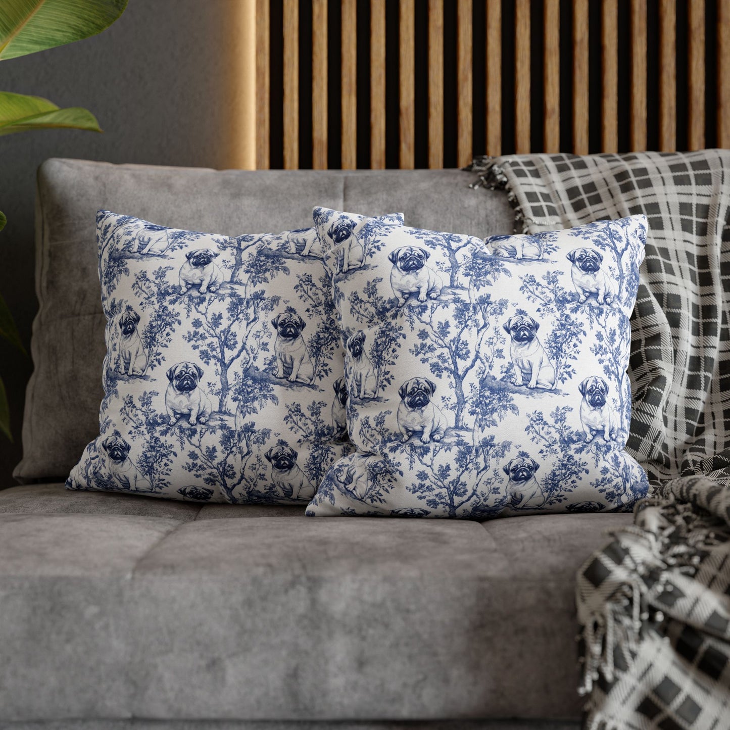 Pug Blue French Toile Pillow