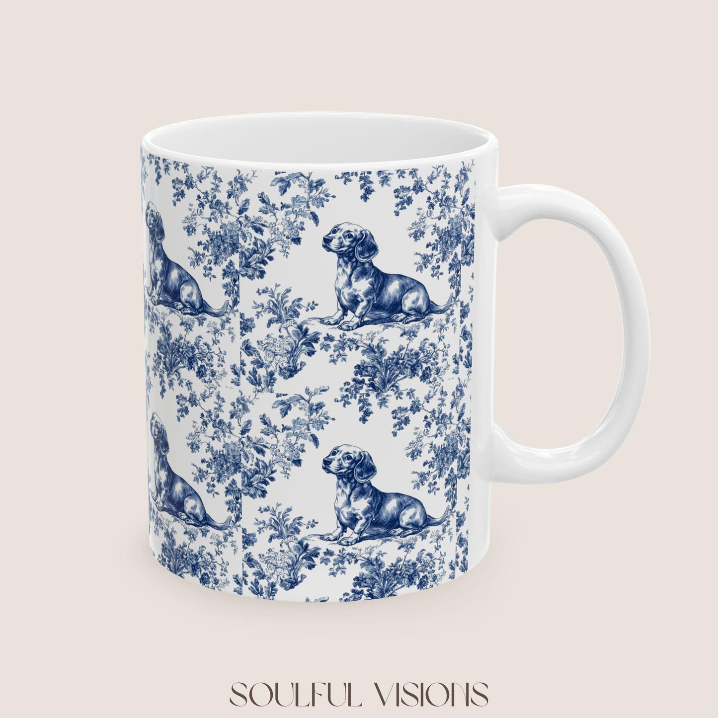 Dachshund French Blue Toile de Jouy Mug, Blue toile de jouy, dachshund ceramic mugs, Doxie Mom Mugs, Sausage Dog Lover Gifts, Dachshund mug