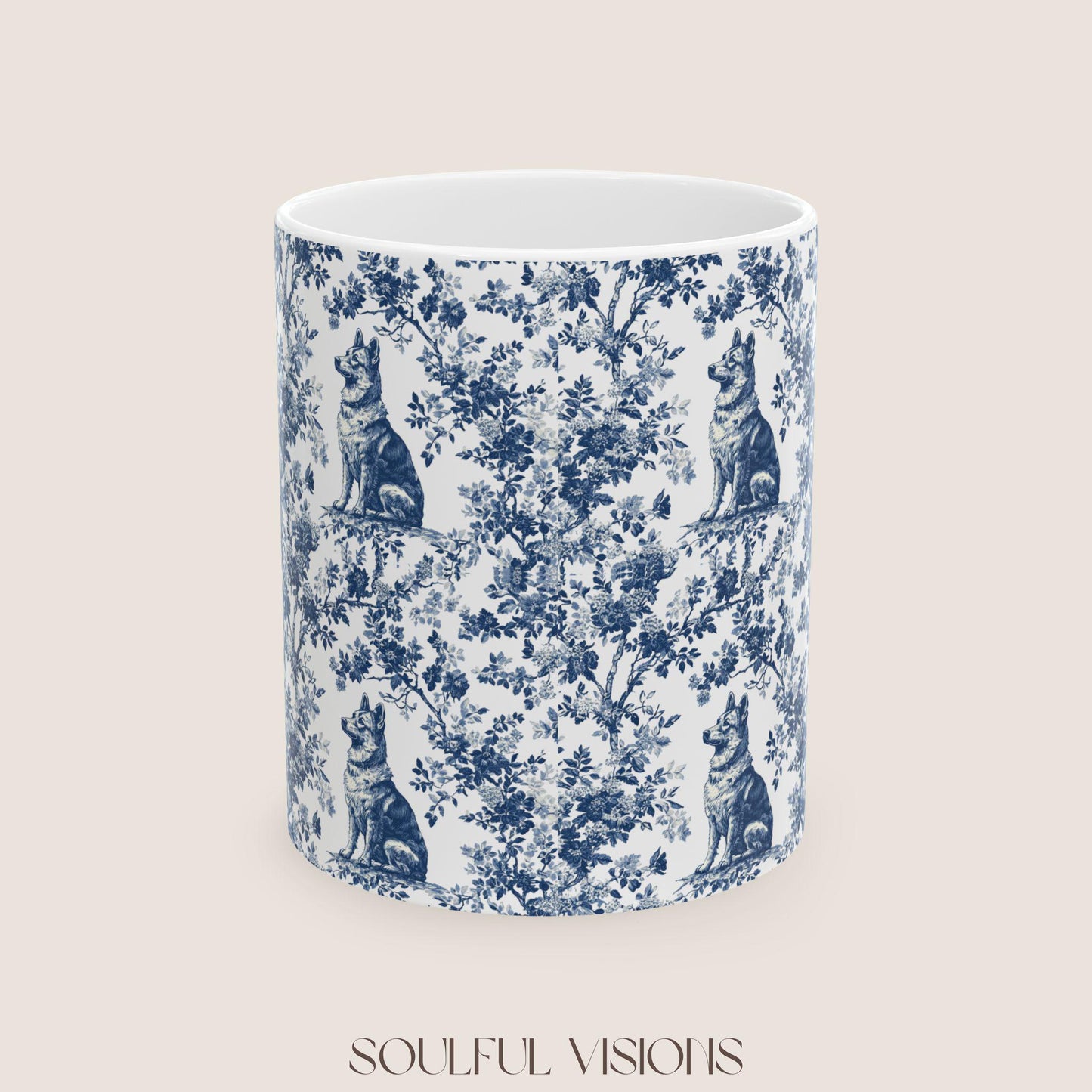 German Shepherd French Blue Toile de Jouy Mug, toile de jouy, German Shepherd ceramic mug, shepherd mugs, Shepherd Lover Gifts, Dog mug