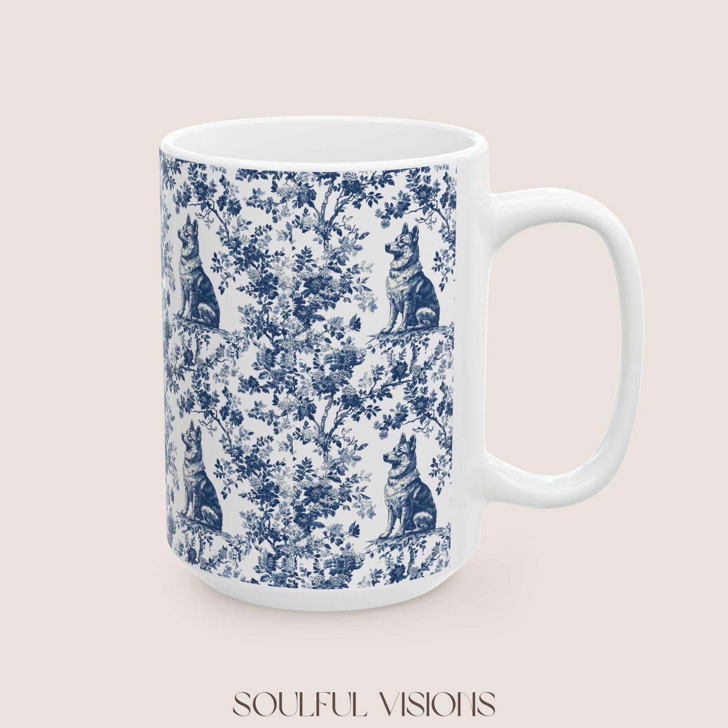 German Shepherd French Blue Toile de Jouy Mug, toile de jouy, German Shepherd ceramic mug, shepherd mugs, Shepherd Lover Gifts, Dog mug