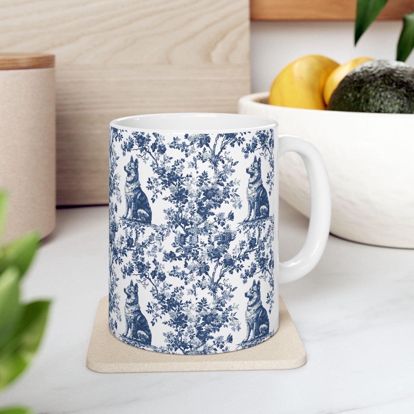 German Shepherd French Blue Toile de Jouy Mug, toile de jouy, German Shepherd ceramic mug, shepherd mugs, Shepherd Lover Gifts, Dog mug