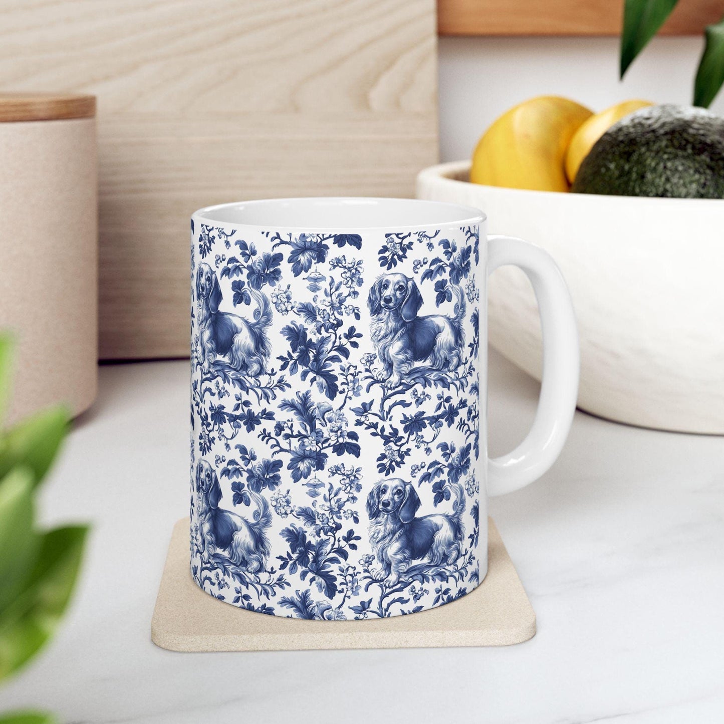 Dachshund French Blue Toile de Jouy Mug, Blue toile de jouy, dachshund ceramic mugs, Doxie Mom Mugs, Sausage Dog Lover Gifts, Dachshund mug
