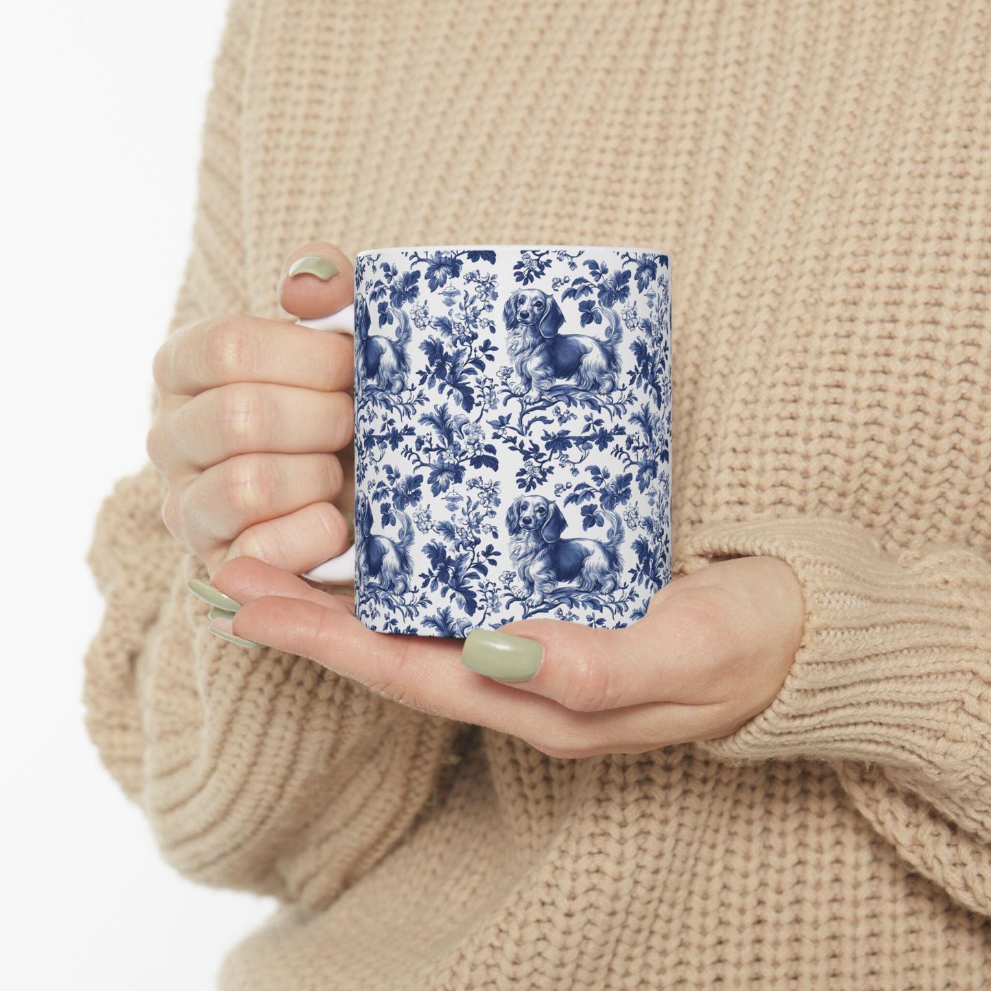 Dachshund French Blue Toile de Jouy Mug, Blue toile de jouy, dachshund ceramic mugs, Doxie Mom Mugs, Sausage Dog Lover Gifts, Dachshund mug