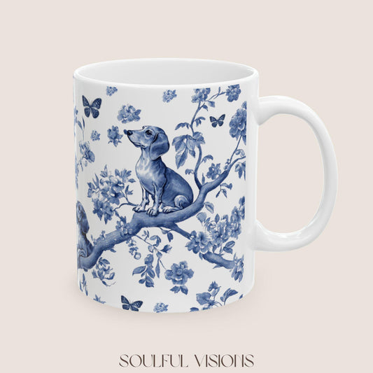 Dachshund French Blue Toile de Jouy Mug, Blue toile de jouy, dachshund ceramic mugs, Doxie Mom Mugs, Sausage Dog Lover Gifts, Dachshund