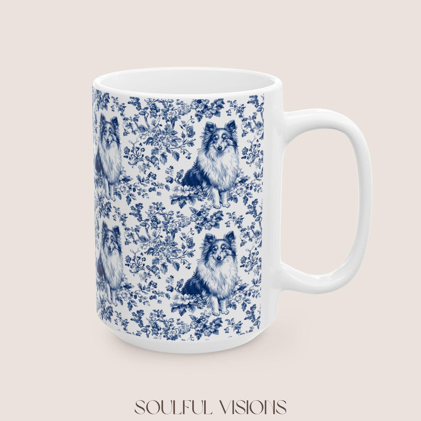 Shetland Sheepdog French Blue Toile de Jouy Mug, Shetland Sheepdog Mugs, Sheltie ceramic mug, Sheltie lover Gift, Sheltie mom Gift