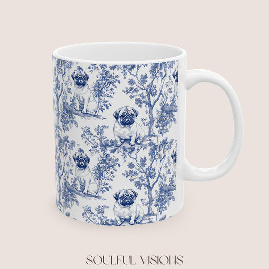 Pug French Blue Toile de Jouy Mug, Blue toile de jouy Mug, Pug ceramic mugs, Pug Mom Mugs, Pug Lover Gifts, Pug mug, Pug, Pug Gift