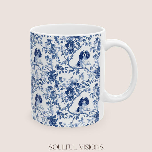 Cavalier King Charles Spaniel French Blue Toile de Jouy Mug, Blue toile de jouy Mug, Cavalier mug, Cavalier Spaniel Gift, Cavalier Spaniel