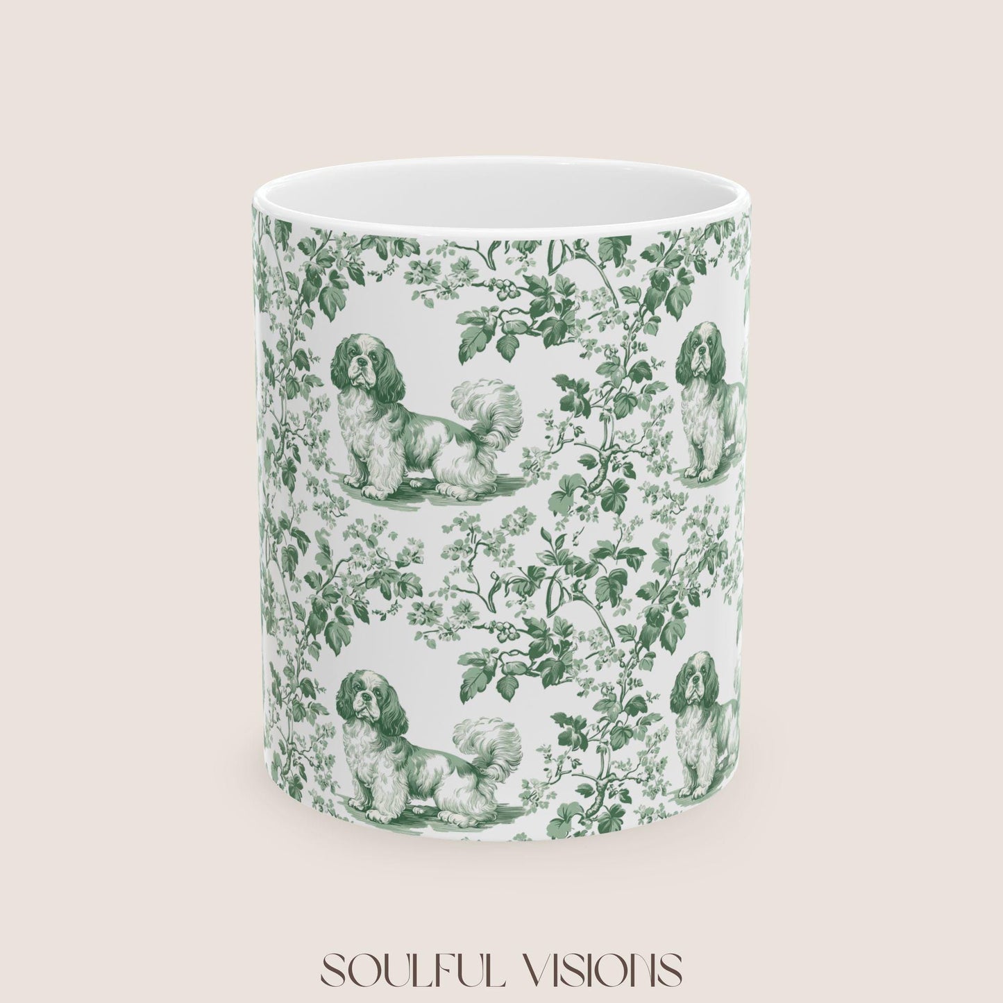 Cavalier King Charles Spaniel French Pastel Toile de Jouy Mug, Pastel Green toile Mug, Cavalier mug, Cavalier Spaniel Gift, Cavalier Spaniel