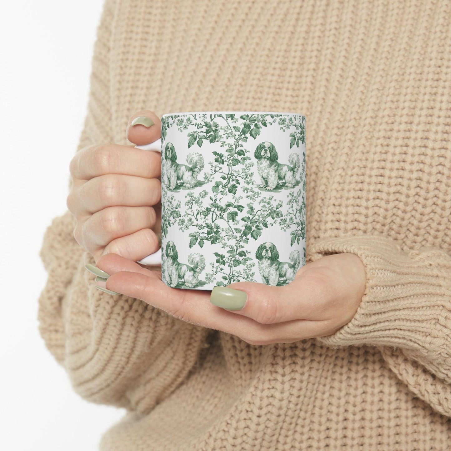 Cavalier King Charles Spaniel French Pastel Toile de Jouy Mug, Pastel Green toile Mug, Cavalier mug, Cavalier Spaniel Gift, Cavalier Spaniel