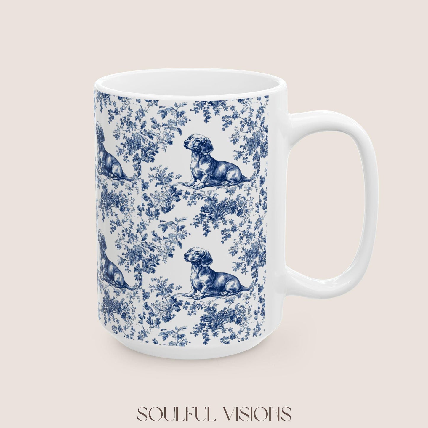 Dachshund French Blue Toile de Jouy Mug, Blue toile de jouy, dachshund ceramic mugs, Doxie Mom Mugs, Sausage Dog Lover Gifts, Dachshund mug