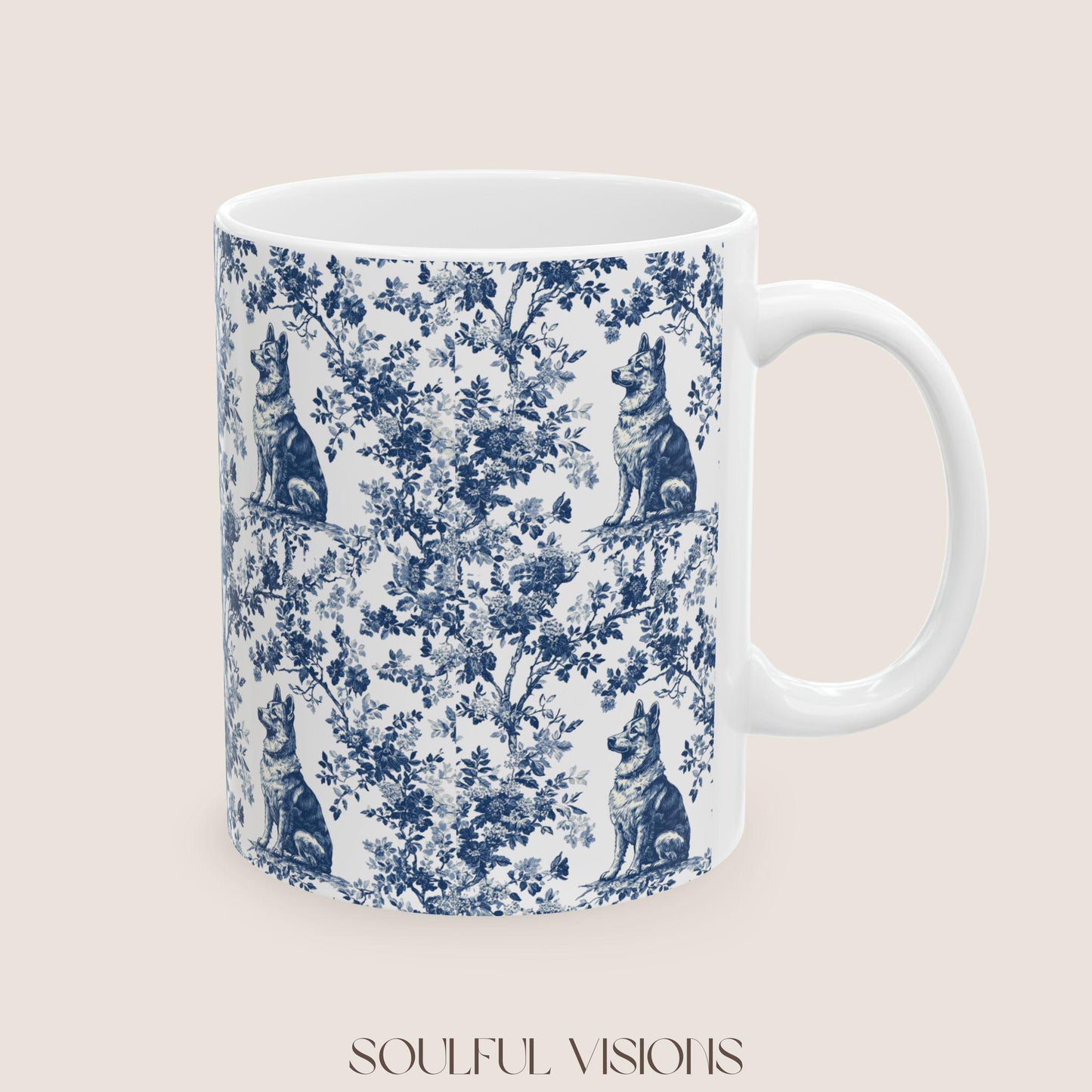 German Shepherd French Blue Toile de Jouy Mug, toile de jouy, German Shepherd ceramic mug, shepherd mugs, Shepherd Lover Gifts, Dog mug