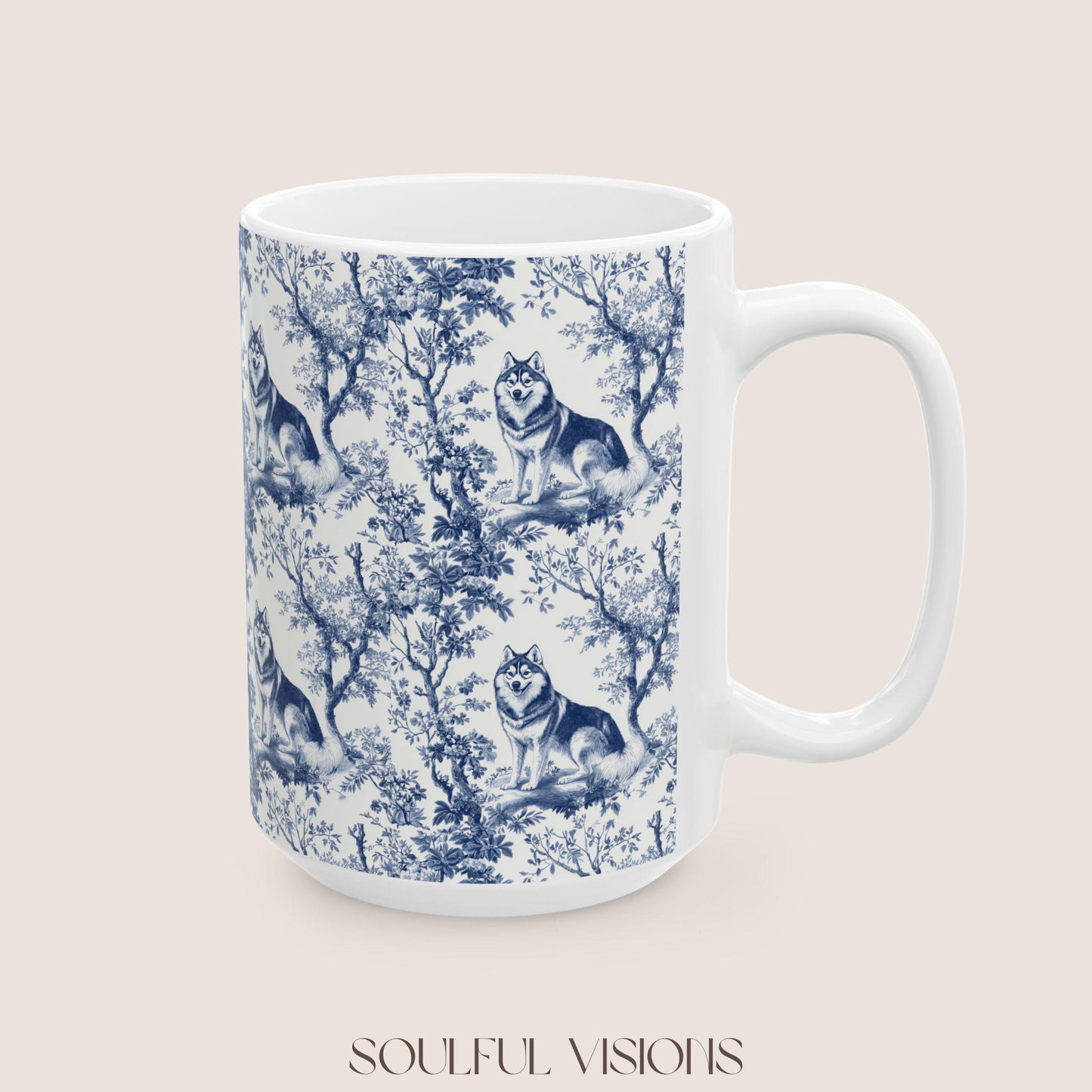 Husky French Blue Toile De Jouy Mug, Siberian Husky, Husky, Siberian Husky Mugs, Siberian Husky Lover, Husky dog mom, Husky Mug