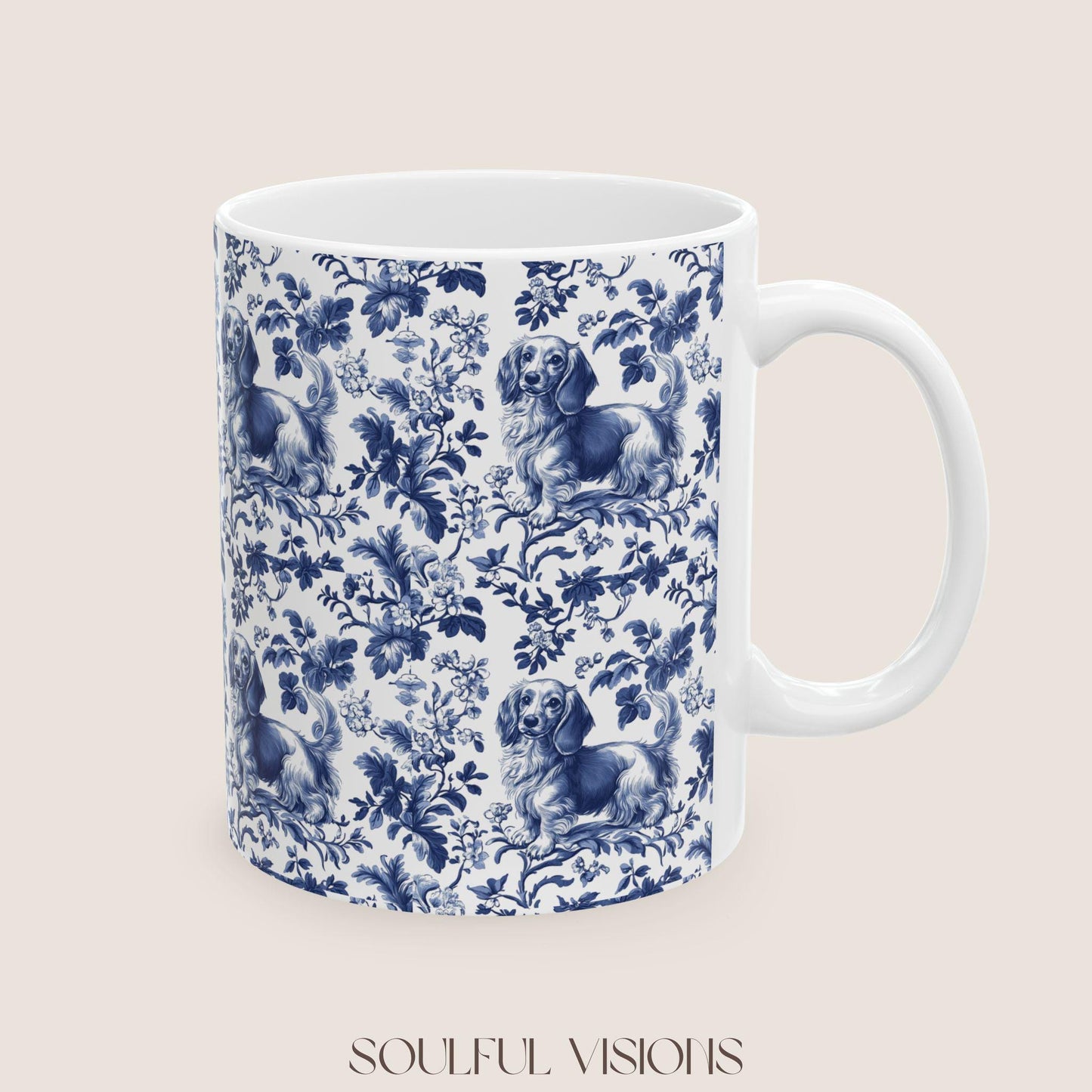 Dachshund French Blue Toile de Jouy Mug, Blue toile de jouy, dachshund ceramic mugs, Doxie Mom Mugs, Sausage Dog Lover Gifts, Dachshund mug