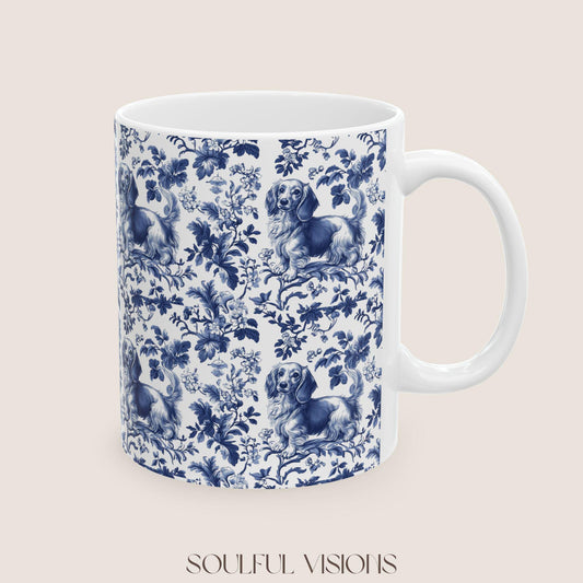 Dachshund French Blue Toile de Jouy Mug, Blue toile de jouy, dachshund ceramic mugs, Doxie Mom Mugs, Sausage Dog Lover Gifts, Dachshund mug