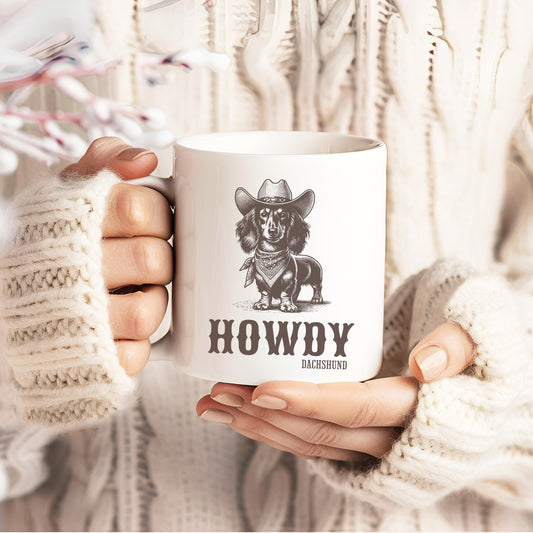 Howdy Dachshund Long Haired Mug, Howdy Mug, dachshund ceramic mugs, Doxie Mom Mugs, Sausage Dog Lover Gifts, Dachshund Mugs, Dachshund lover