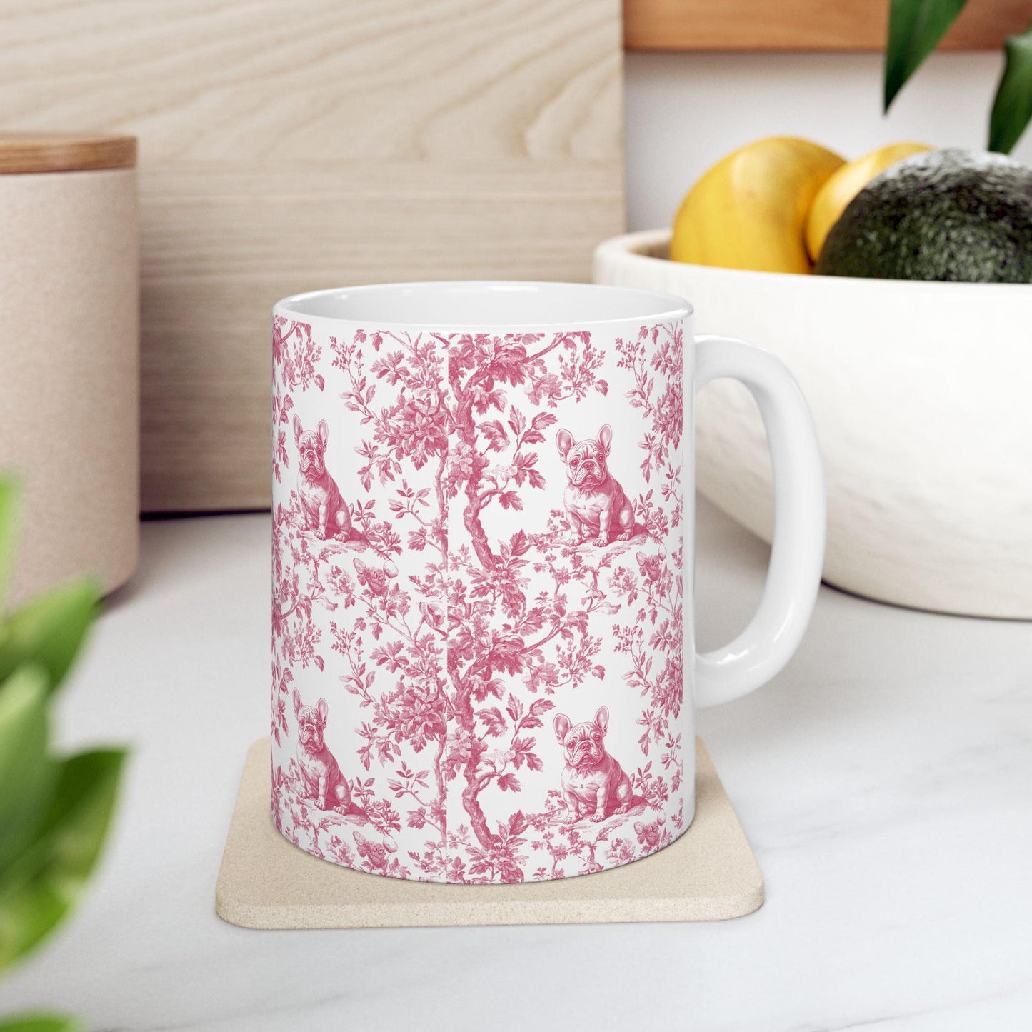 French Bulldog Pink French Toile De Jouy Mug, French Bulldog Mug, Frenchie mom, French Bulldog, French Bulldog Lover gift, Frenchie Mug