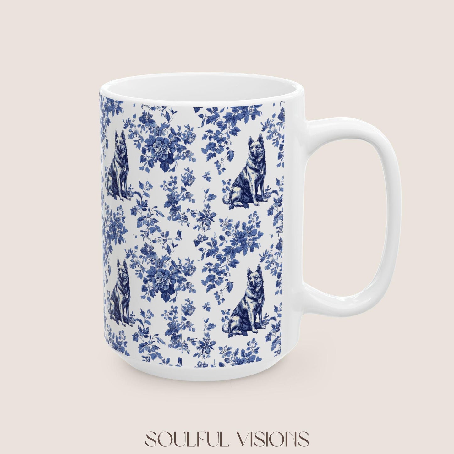 German Shepherd French Blue Toile de Jouy Mug, Toile mug, German Shepherd ceramic mug, shepherd mugs, Shepherd Lover Gifts, Dog mug