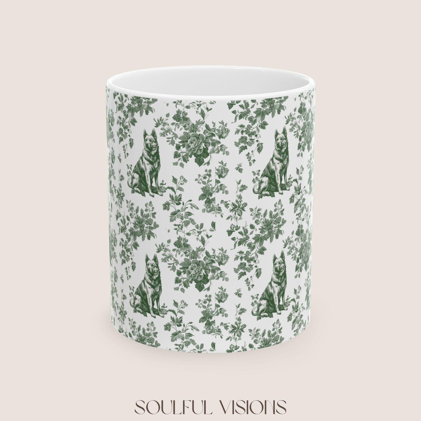 German Shepherd French Pastel Green Toile de Jouy Mug, Toile mug, German Shepherd ceramic mug, shepherd mugs, Shepherd Lover Gifts, Dog mug