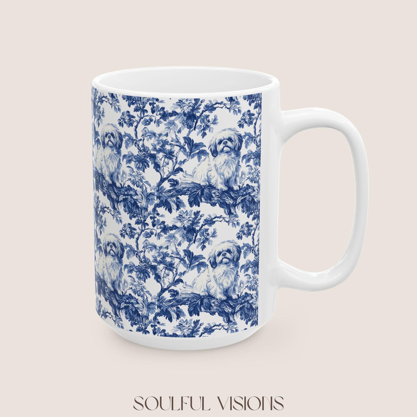 Pekingese French Blue Toile de Jouy Mug, Blue Toile Coffee Cup, Gift for Pekingese Mom, Pekingese Mugs, Pekingese Lover Gift