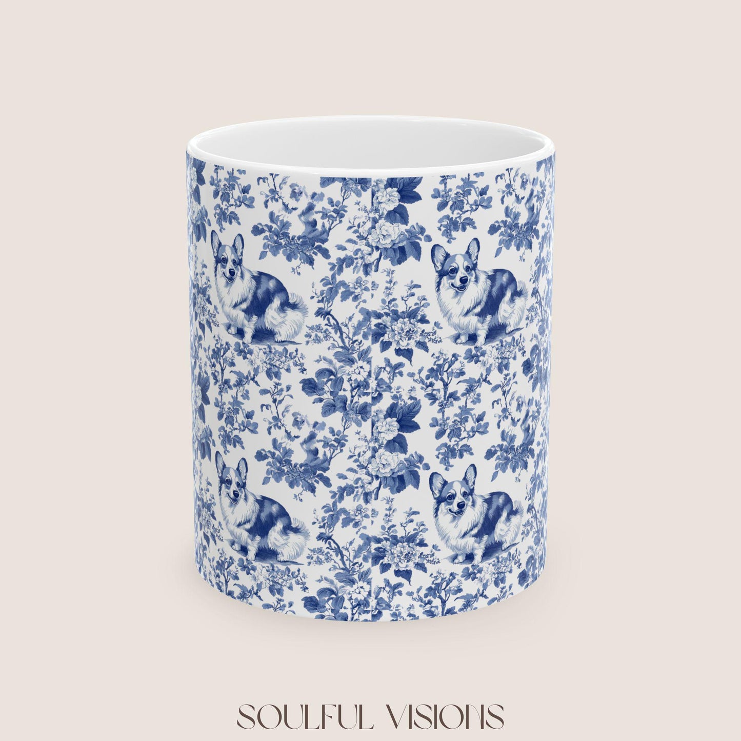Corgi French Blue Toile de Jouy Mug, Blue Toile Coffee Cup, Gift for Corgi Mom, Corgi Welsh Pembroke GiftsD, Corgi Mugs, Corgi Lover Gift