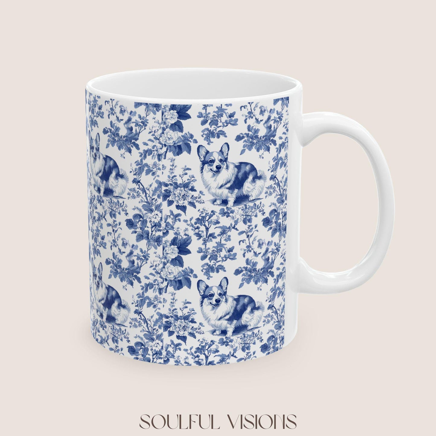 Corgi French Blue Toile de Jouy Mug, Blue Toile Coffee Cup, Gift for Corgi Mom, Corgi Welsh Pembroke GiftsD, Corgi Mugs, Corgi Lover Gift
