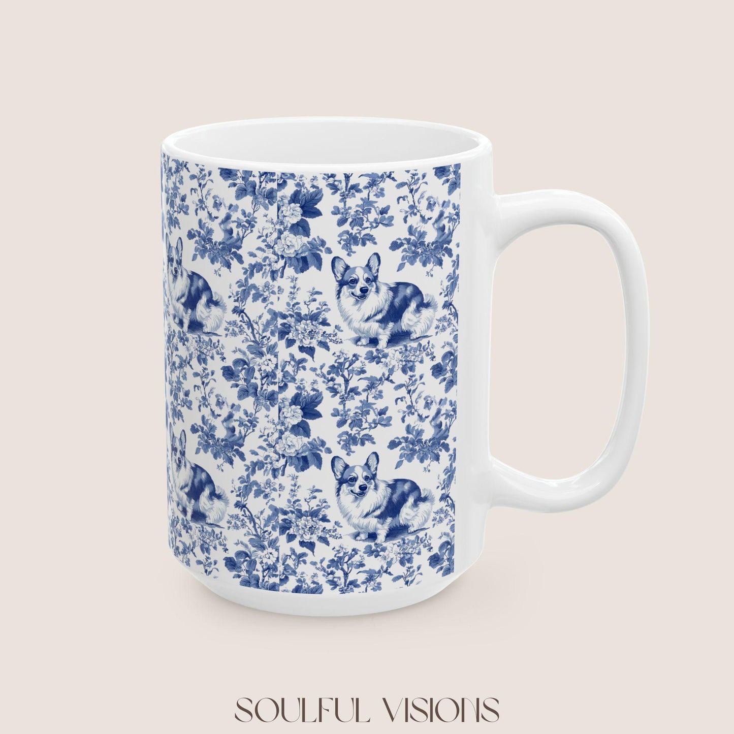 Corgi French Blue Toile de Jouy Mug, Blue Toile Coffee Cup, Gift for Corgi Mom, Corgi Welsh Pembroke GiftsD, Corgi Mugs, Corgi Lover Gift
