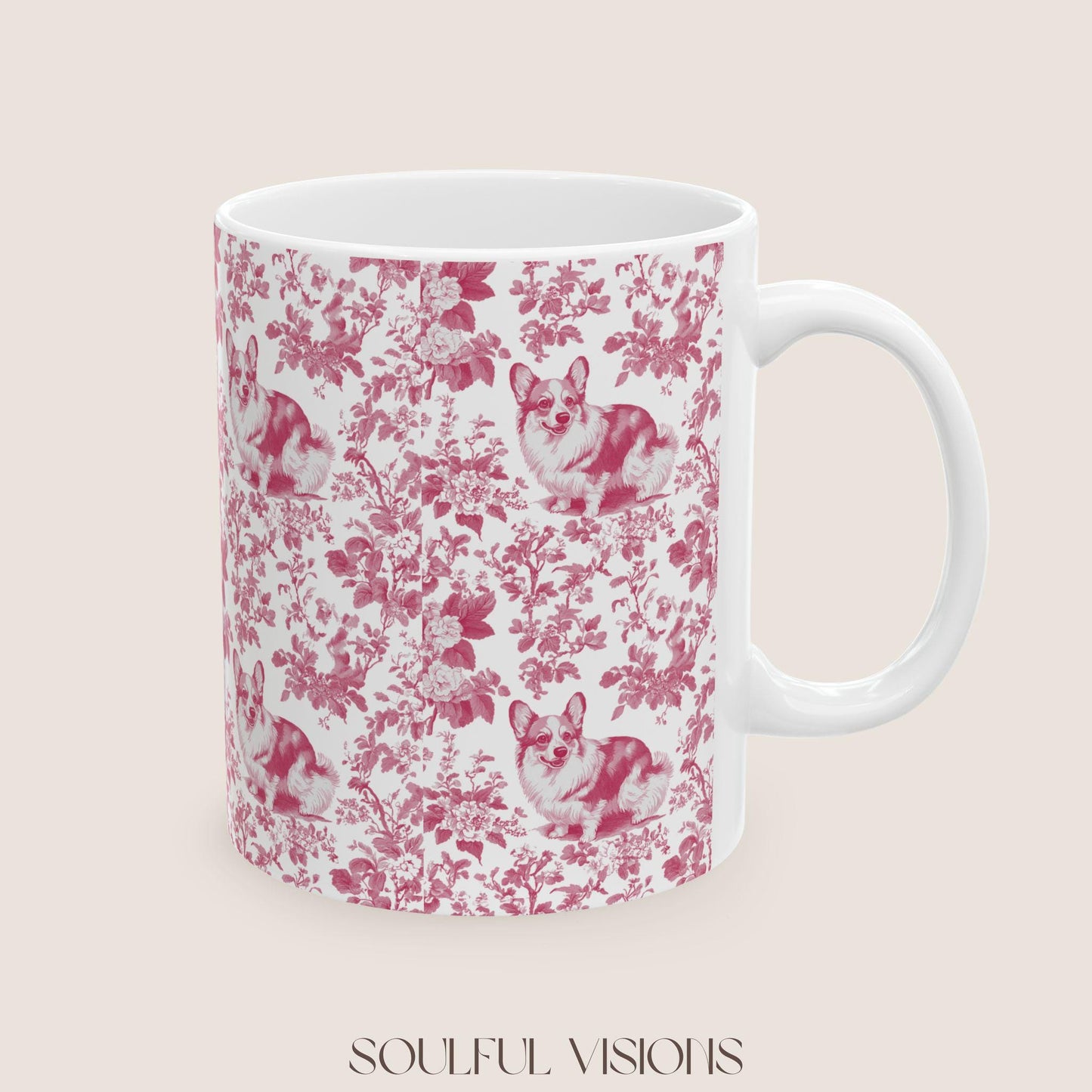 Corgi French Pink Toile de Jouy Mug, Blue Toile Coffee Cup, Gift for Corgi Mom, Corgi Welsh Pembroke GiftsD, Corgi Mugs, Corgi Lover Gift