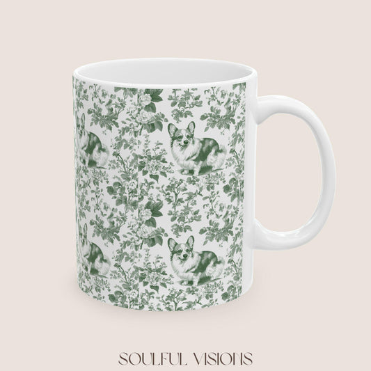 Corgi French Pastel Green Toile de Jouy Mug, Blue Toile Coffee Cup, Gift for Corgi Mom, Corgi Welsh Pembroke GiftsD, Corgi Mugs, Corgi Gift