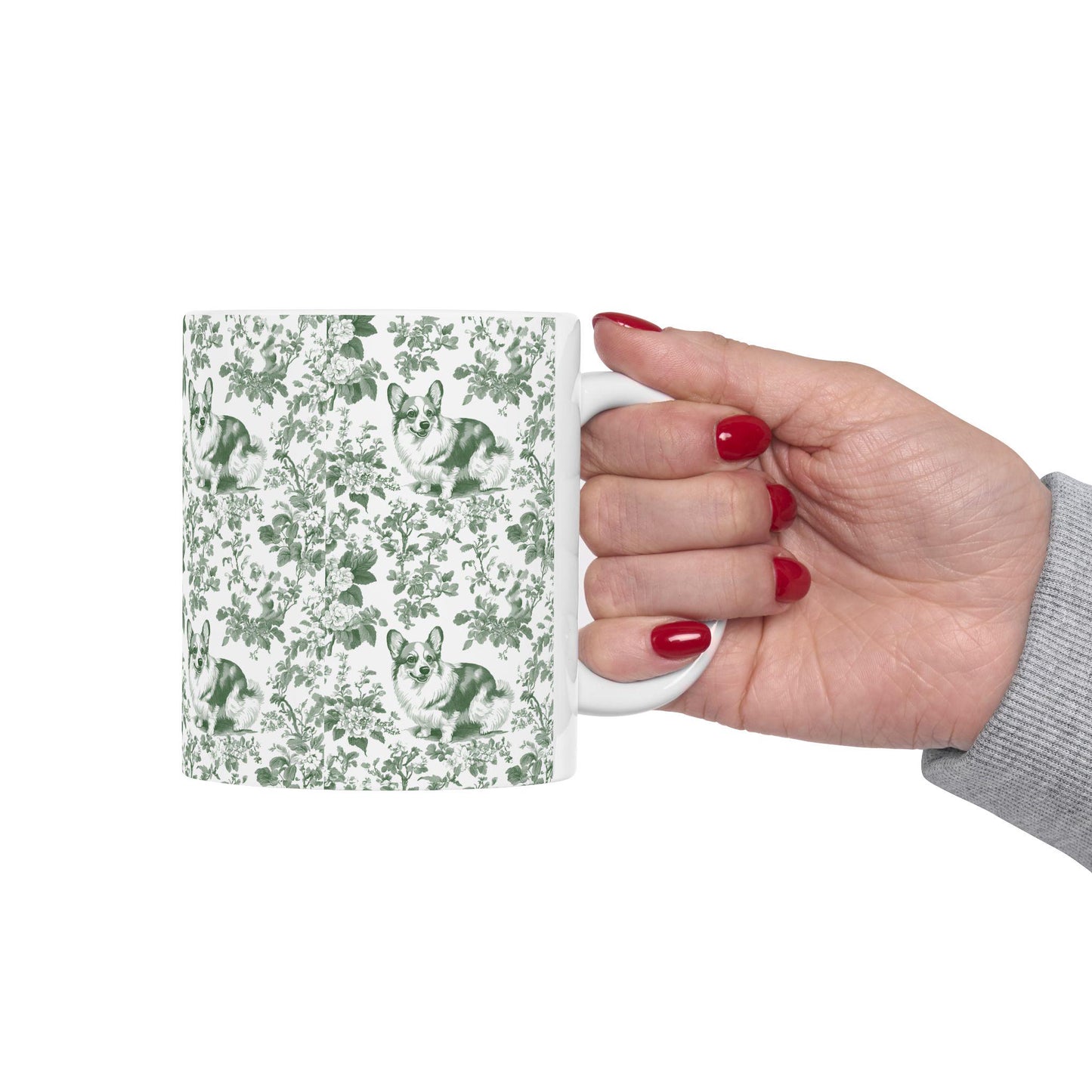 Corgi French Pastel Green Toile de Jouy Mug, Blue Toile Coffee Cup, Gift for Corgi Mom, Corgi Welsh Pembroke GiftsD, Corgi Mugs, Corgi Gift