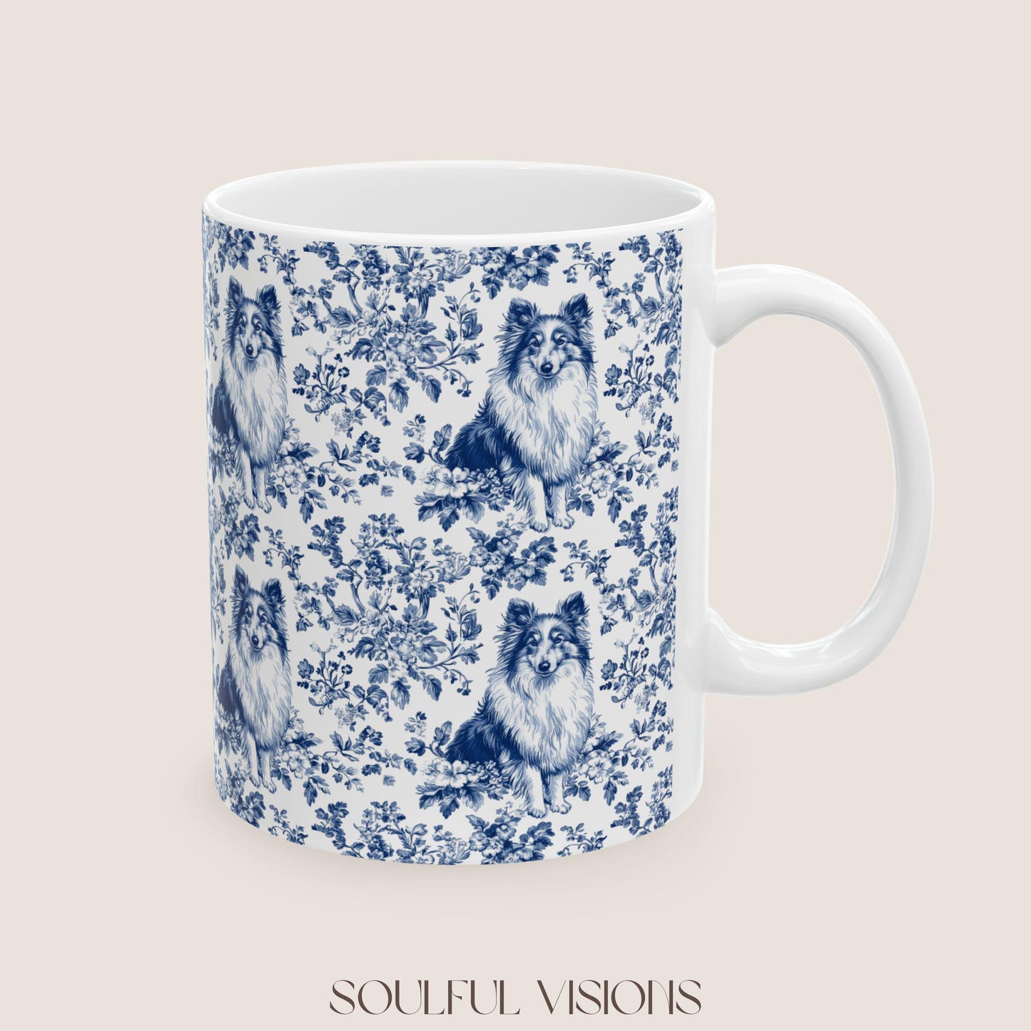 Shetland Sheepdog French Blue Toile de Jouy Mug, Shetland Sheepdog Mugs, Sheltie ceramic mug, Sheltie lover Gift, Sheltie mom Gift