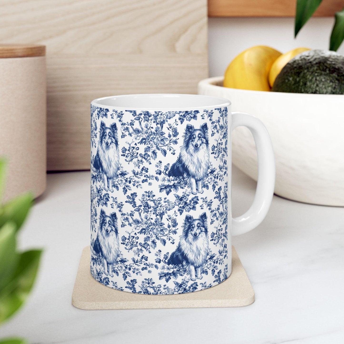 Shetland Sheepdog French Blue Toile de Jouy Mug, Shetland Sheepdog Mugs, Sheltie ceramic mug, Sheltie lover Gift, Sheltie mom Gift