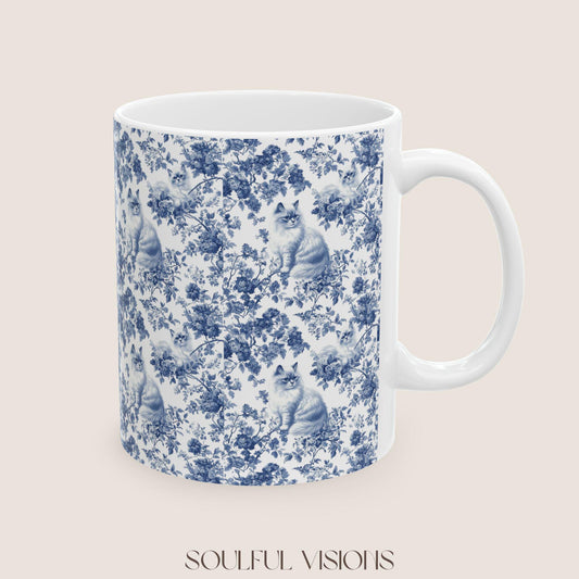 Ragdoll Cat Blue French Toile De Jouy Mug, Ragdoll Mug, Ragdoll cat mom, Ragdoll gift, Ragdoll Cat, Cat Toile Mug, Cat mom Mug, Ragdoll Gits