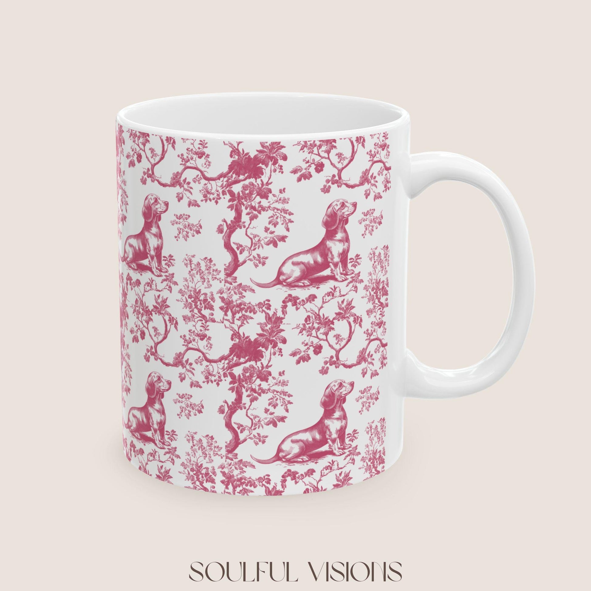 Dachshund French Pink Toile de Jouy Mug, Dachshund mugs, Doxie Mom Mugs, Sausage Dog Lover Gifts, Dachshund, Dog Drinkware, Dachshund gift