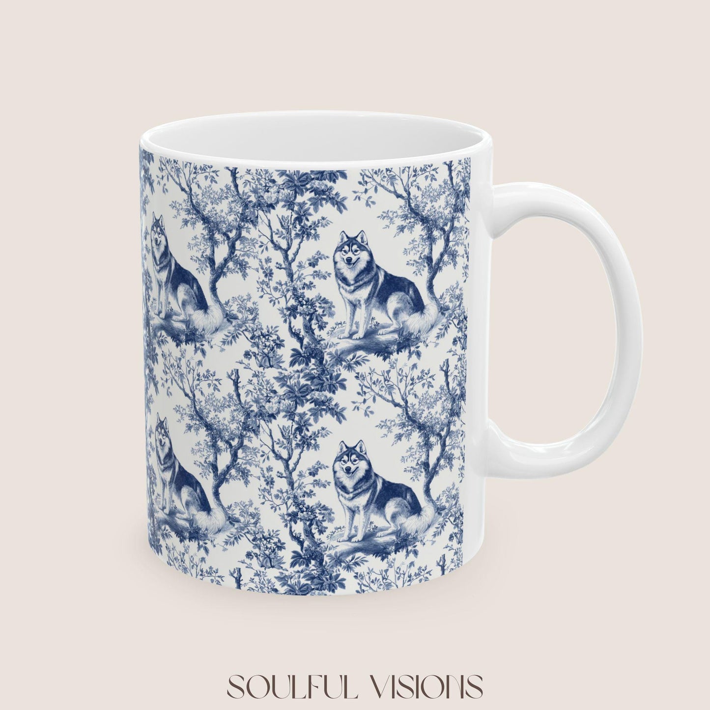 Husky French Blue Toile De Jouy Mug, Siberian Husky, Husky, Siberian Husky Mugs, Siberian Husky Lover, Husky dog mom, Husky Mug