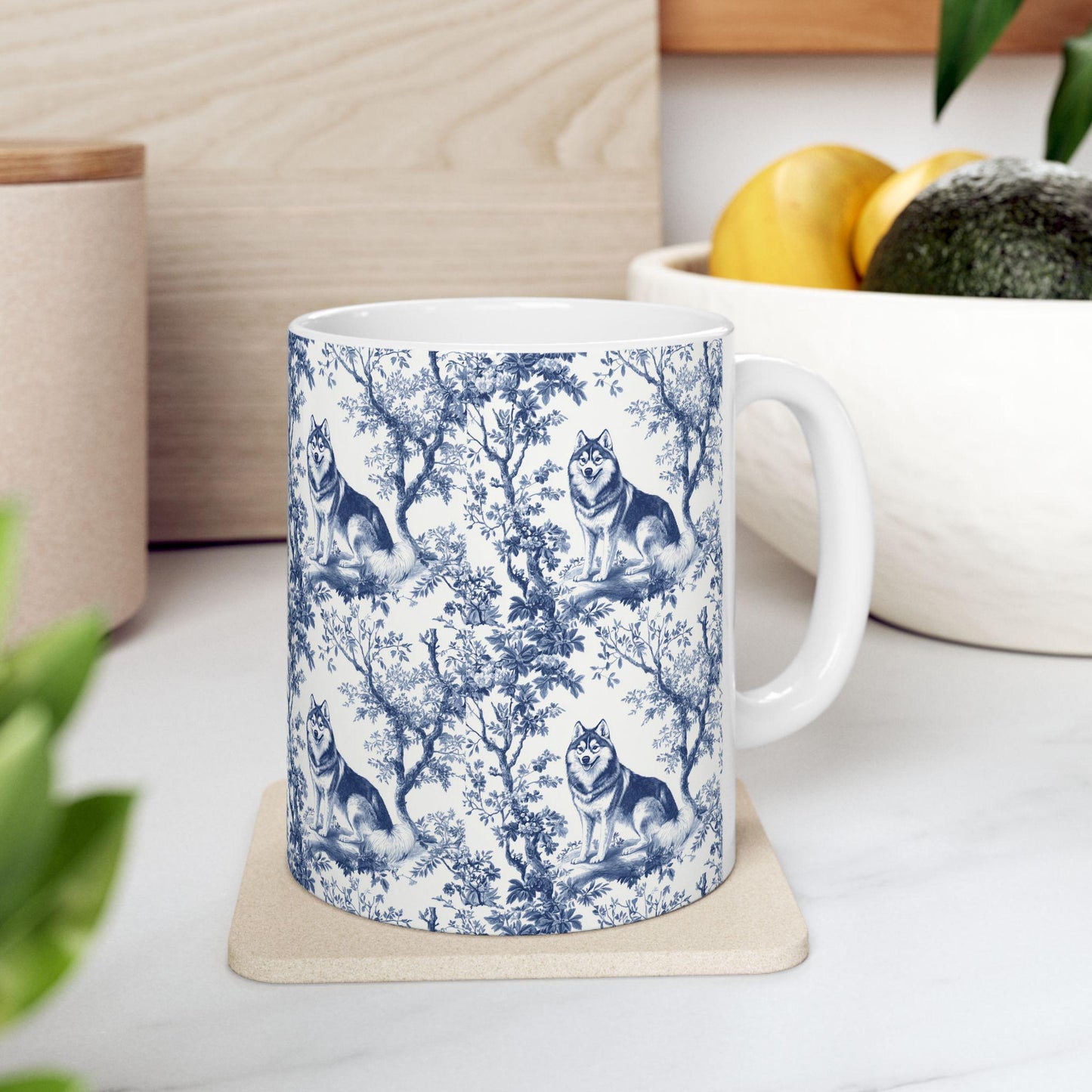 Husky French Blue Toile De Jouy Mug, Siberian Husky, Husky, Siberian Husky Mugs, Siberian Husky Lover, Husky dog mom, Husky Mug