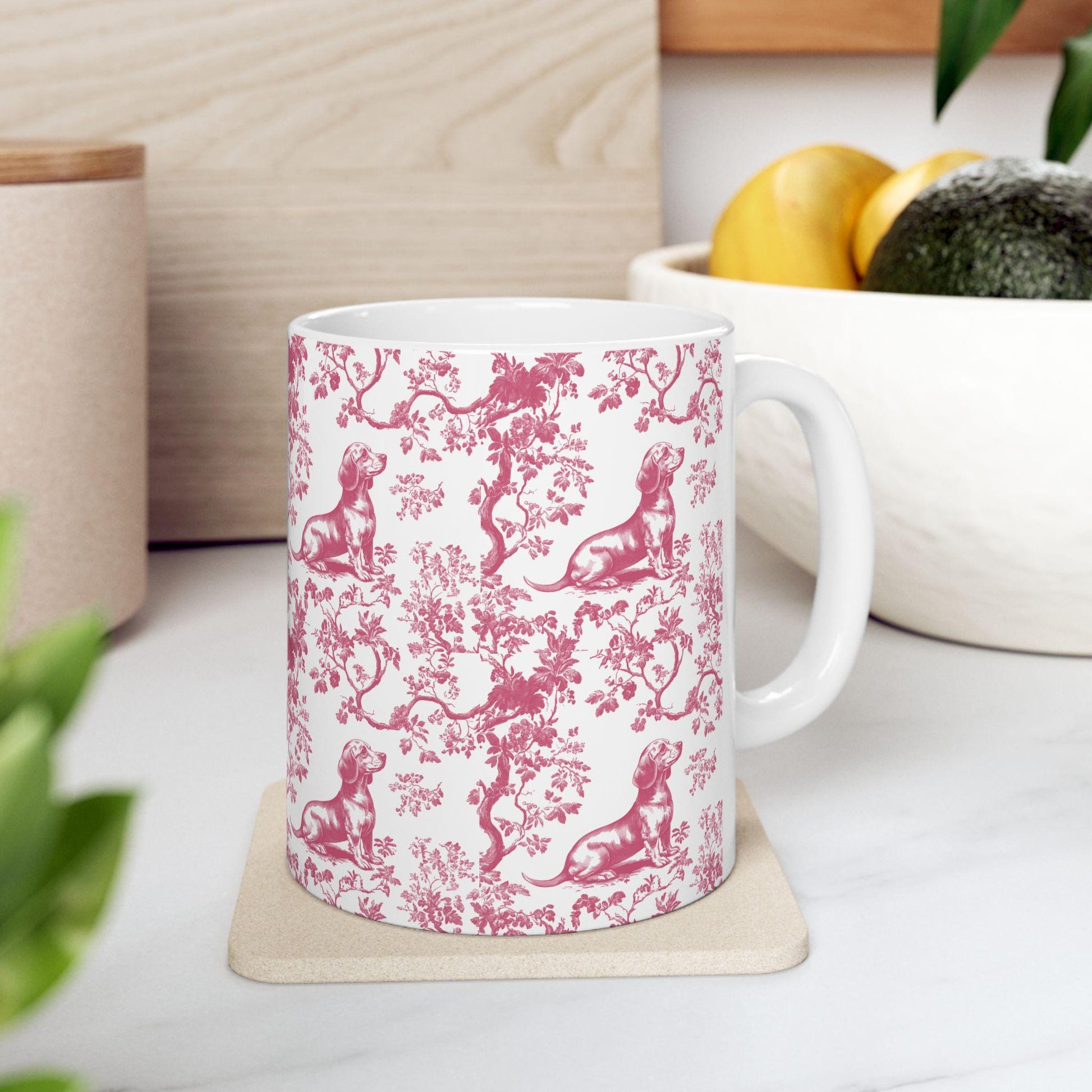 Dachshund French Pink Toile de Jouy Mug, Dachshund mugs, Doxie Mom Mugs, Sausage Dog Lover Gifts, Dachshund, Dog Drinkware, Dachshund gift