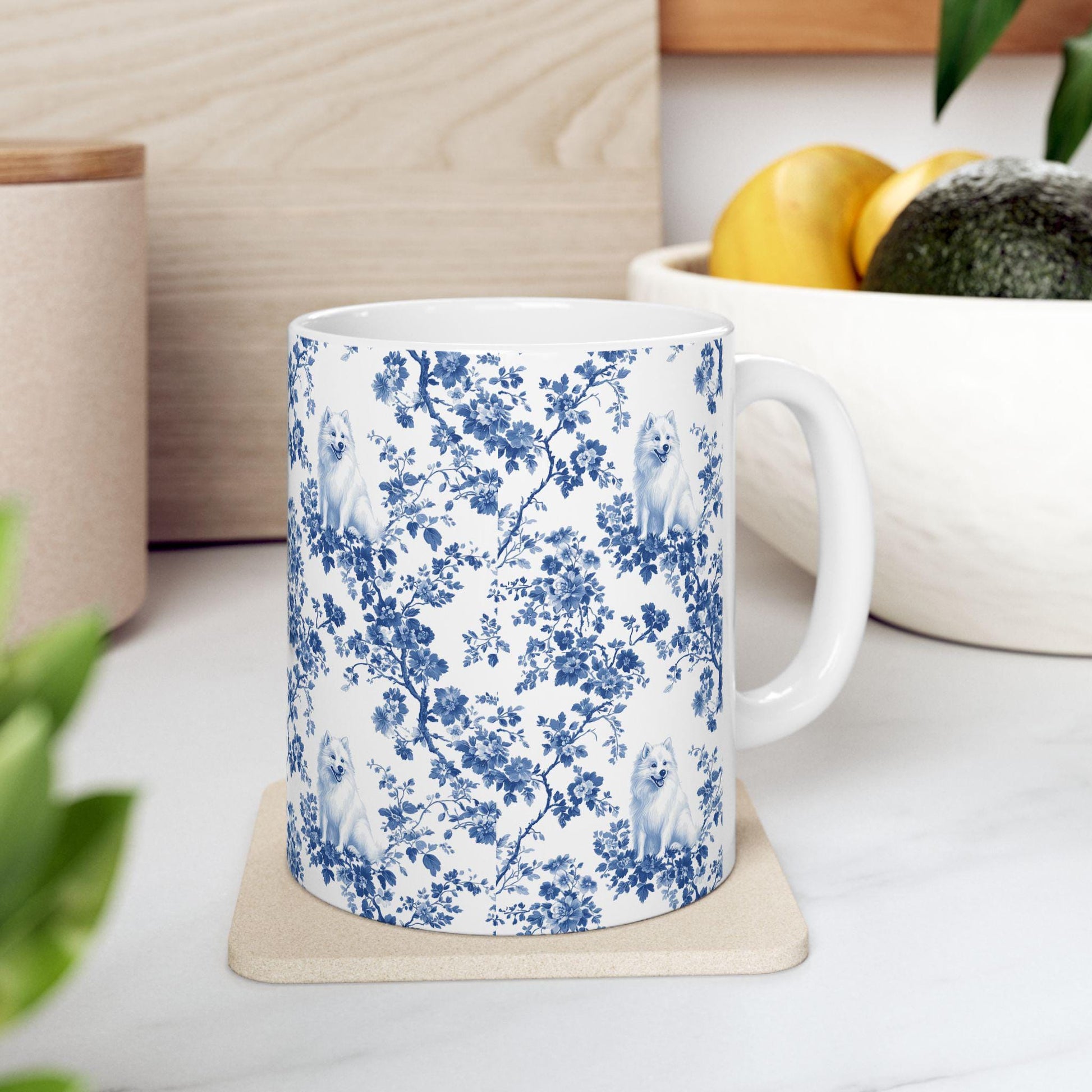 Samoyed French Blue Toile De Jouy Mug, Samoyed Mug, Samoyed mom, Samoyed gifts, Samoyed lover, Samoyed owner, Samoyed dog, Dog mom mug