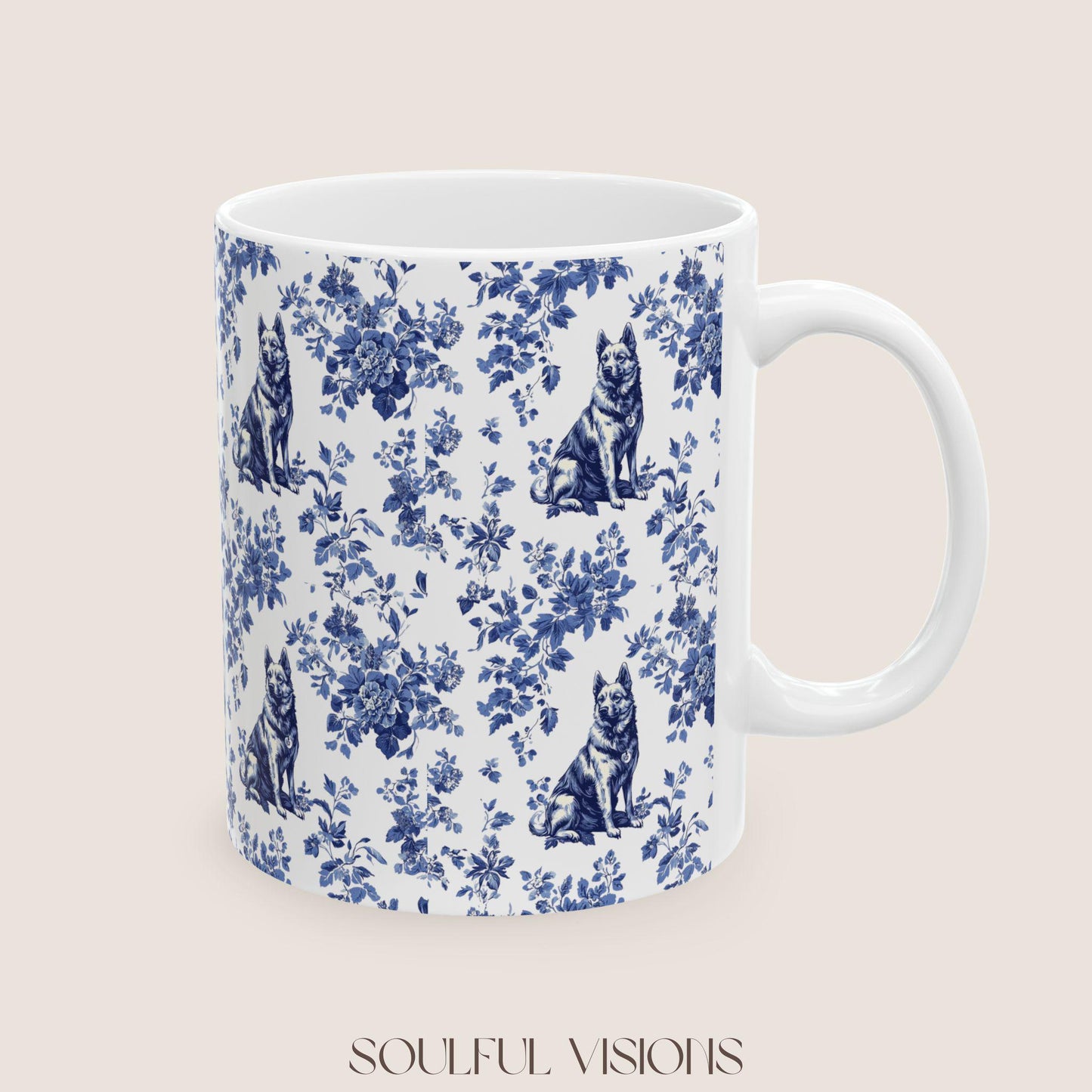 German Shepherd French Blue Toile de Jouy Mug, Toile mug, German Shepherd ceramic mug, shepherd mugs, Shepherd Lover Gifts, Dog mug