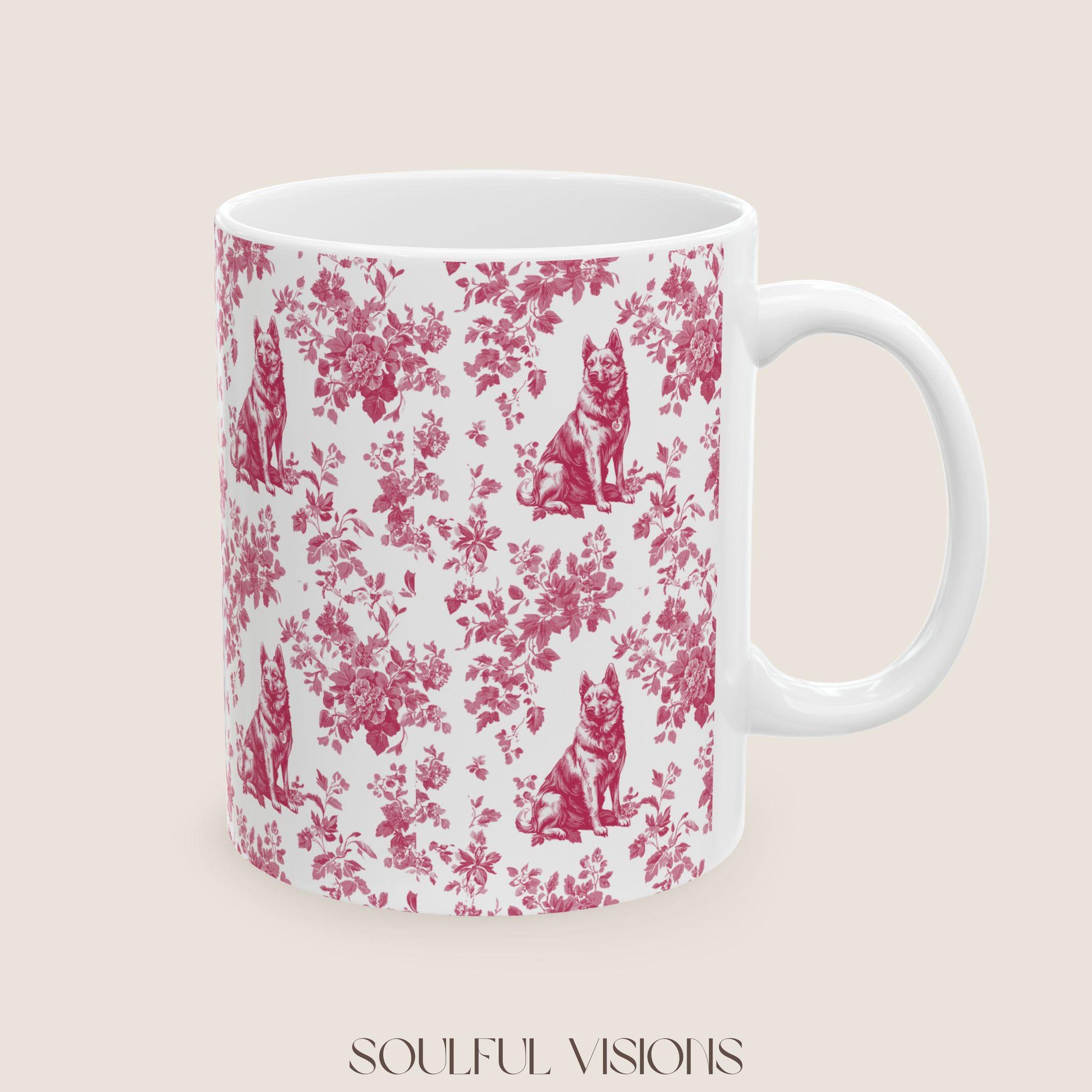 German Shepherd French Pink Toile de Jouy Mug, Toile mug, German Shepherd ceramic mug, shepherd mugs, Shepherd Lover Gifts, Dog mug
