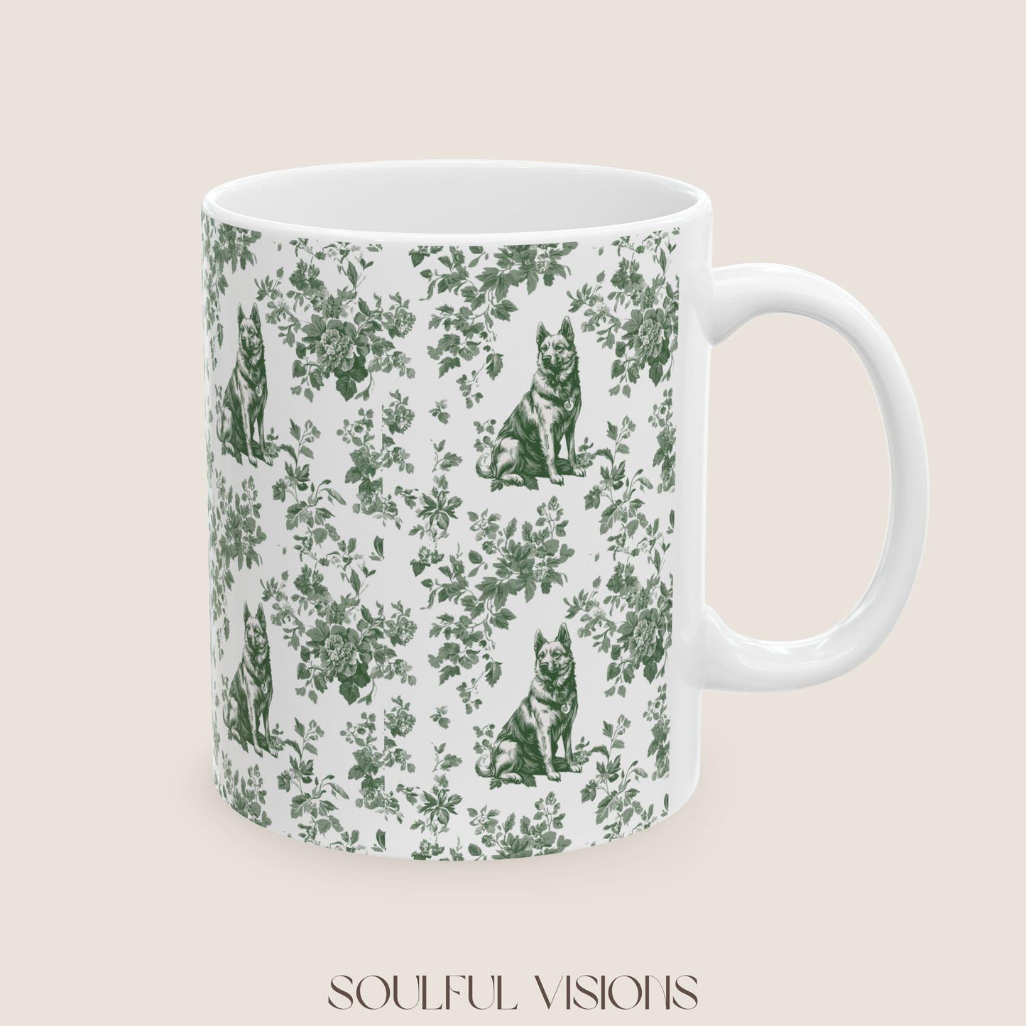 German Shepherd French Pastel Green Toile de Jouy Mug, Toile mug, German Shepherd ceramic mug, shepherd mugs, Shepherd Lover Gifts, Dog mug