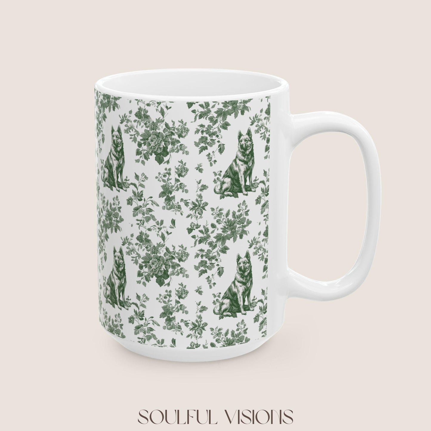 German Shepherd French Pastel Green Toile de Jouy Mug, Toile mug, German Shepherd ceramic mug, shepherd mugs, Shepherd Lover Gifts, Dog mug