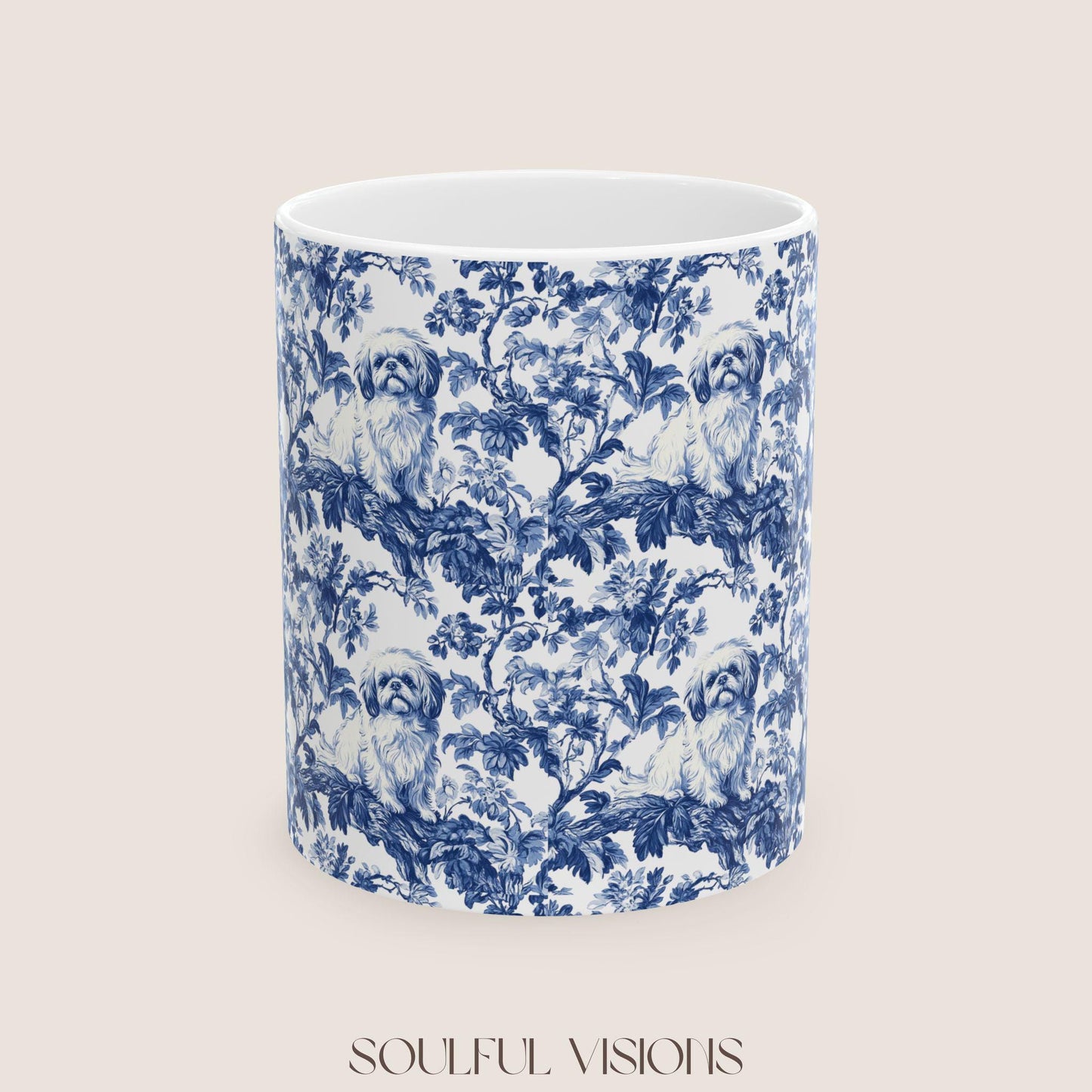 Pekingese French Blue Toile de Jouy Mug, Blue Toile Coffee Cup, Gift for Pekingese Mom, Pekingese Mugs, Pekingese Lover Gift