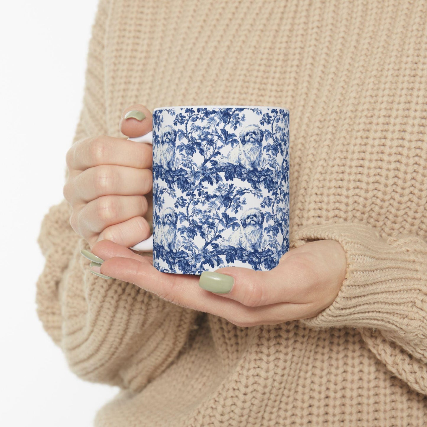 Pekingese French Blue Toile de Jouy Mug, Blue Toile Coffee Cup, Gift for Pekingese Mom, Pekingese Mugs, Pekingese Lover Gift