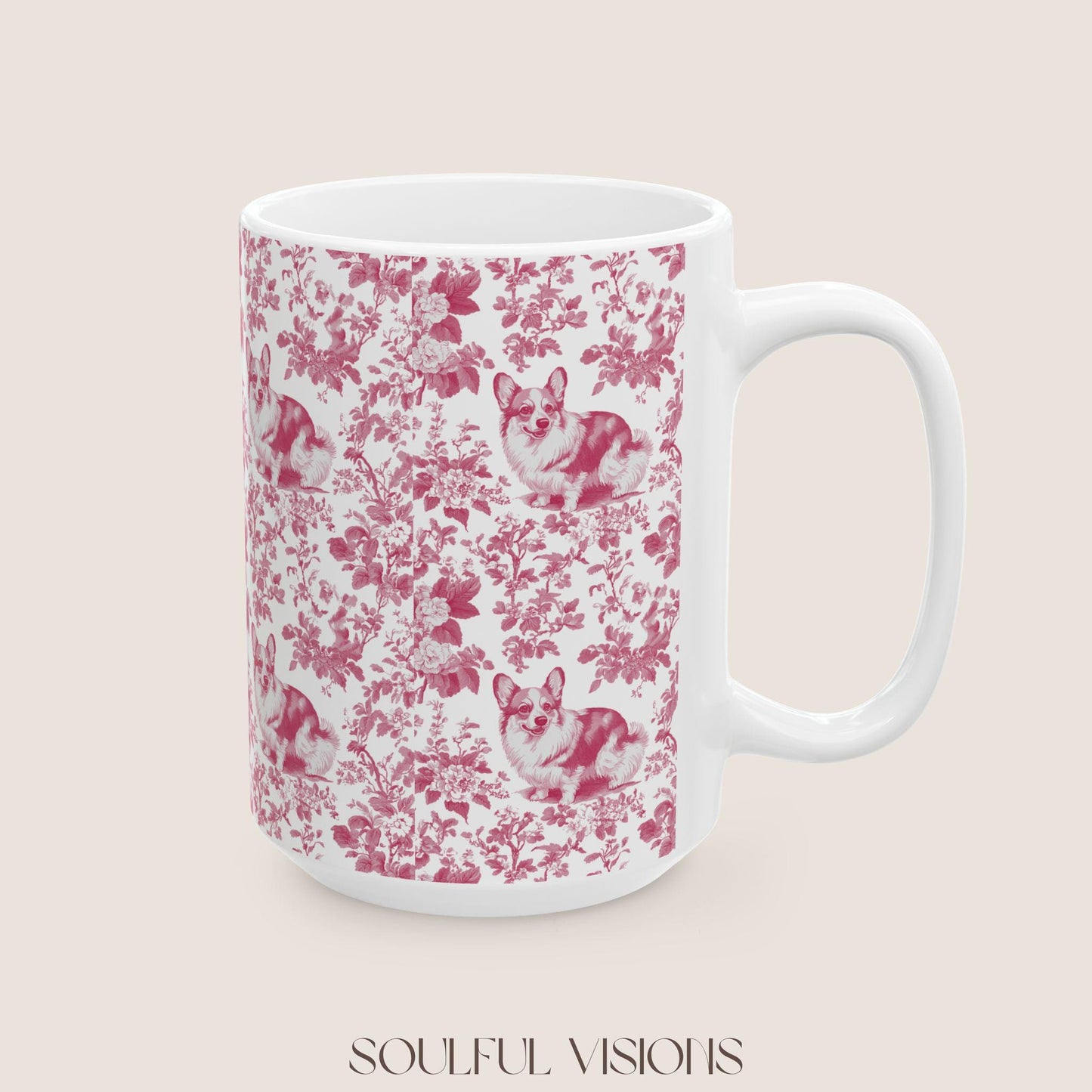 Corgi French Pink Toile de Jouy Mug, Blue Toile Coffee Cup, Gift for Corgi Mom, Corgi Welsh Pembroke GiftsD, Corgi Mugs, Corgi Lover Gift